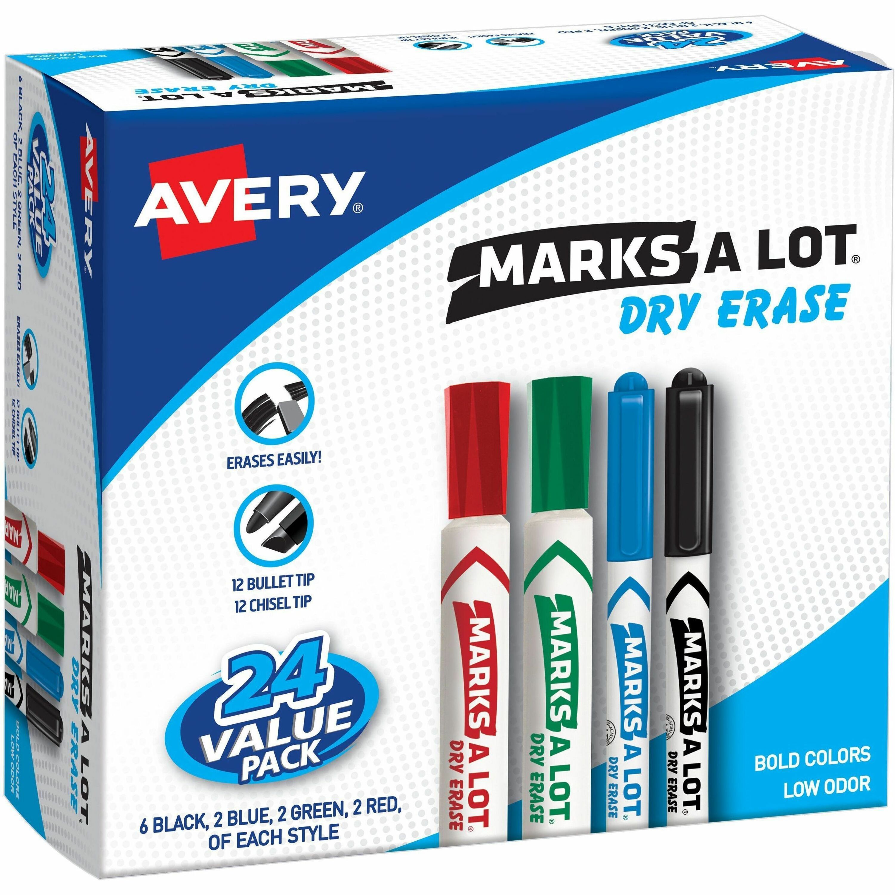 Chisel Marker Point - Erasable - Black, Blue, Green, Red Ink - Assorted Barrel - 24 / Box