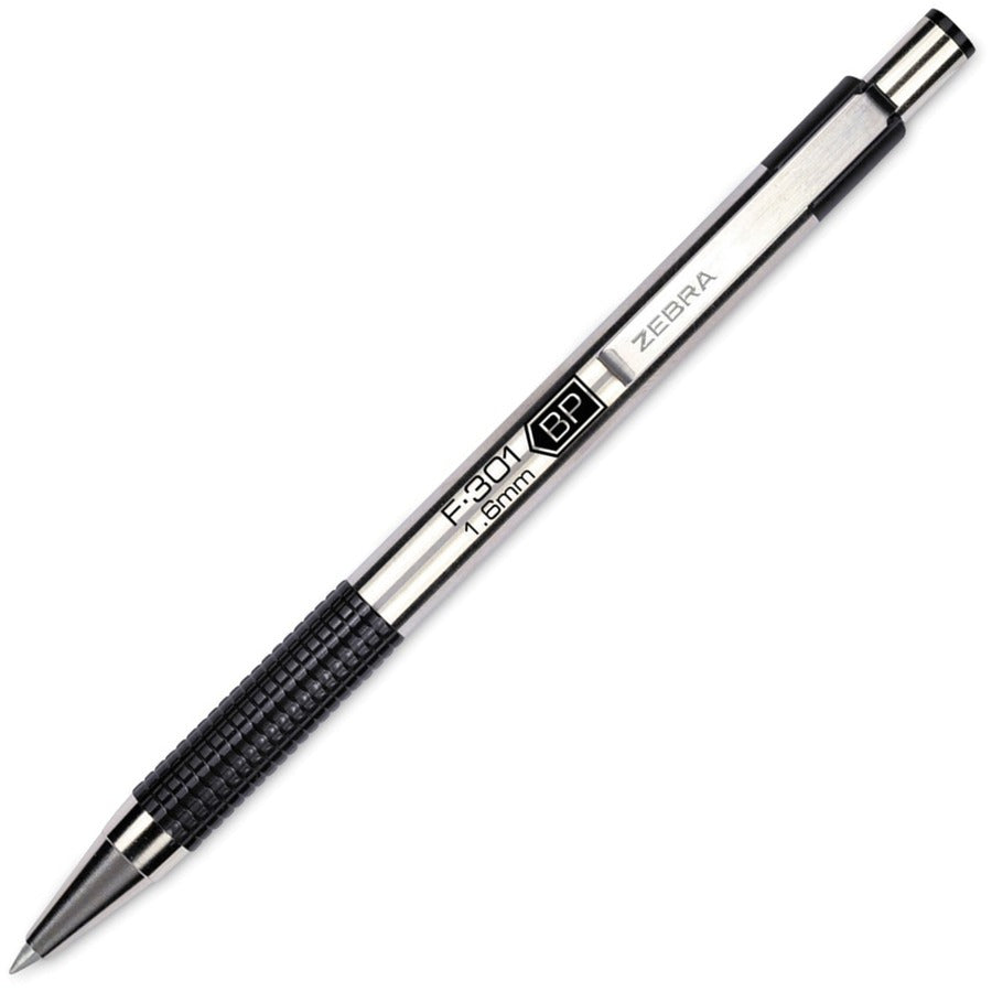 Zebra STEEL 3 Series F-301 Retractable Ballpoint Pen - 1.6 mm Bold Pen Point - Refillable - Retractable - Black Ink - Stainless Steel Barrel - 1 Dozen
