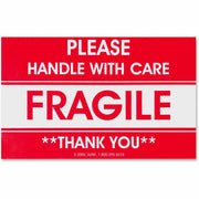 Fragile - Handle with Care, Thank You - 3" Width x 5" Length - Rectangle - Red - 500 / Roll - 500 / Roll