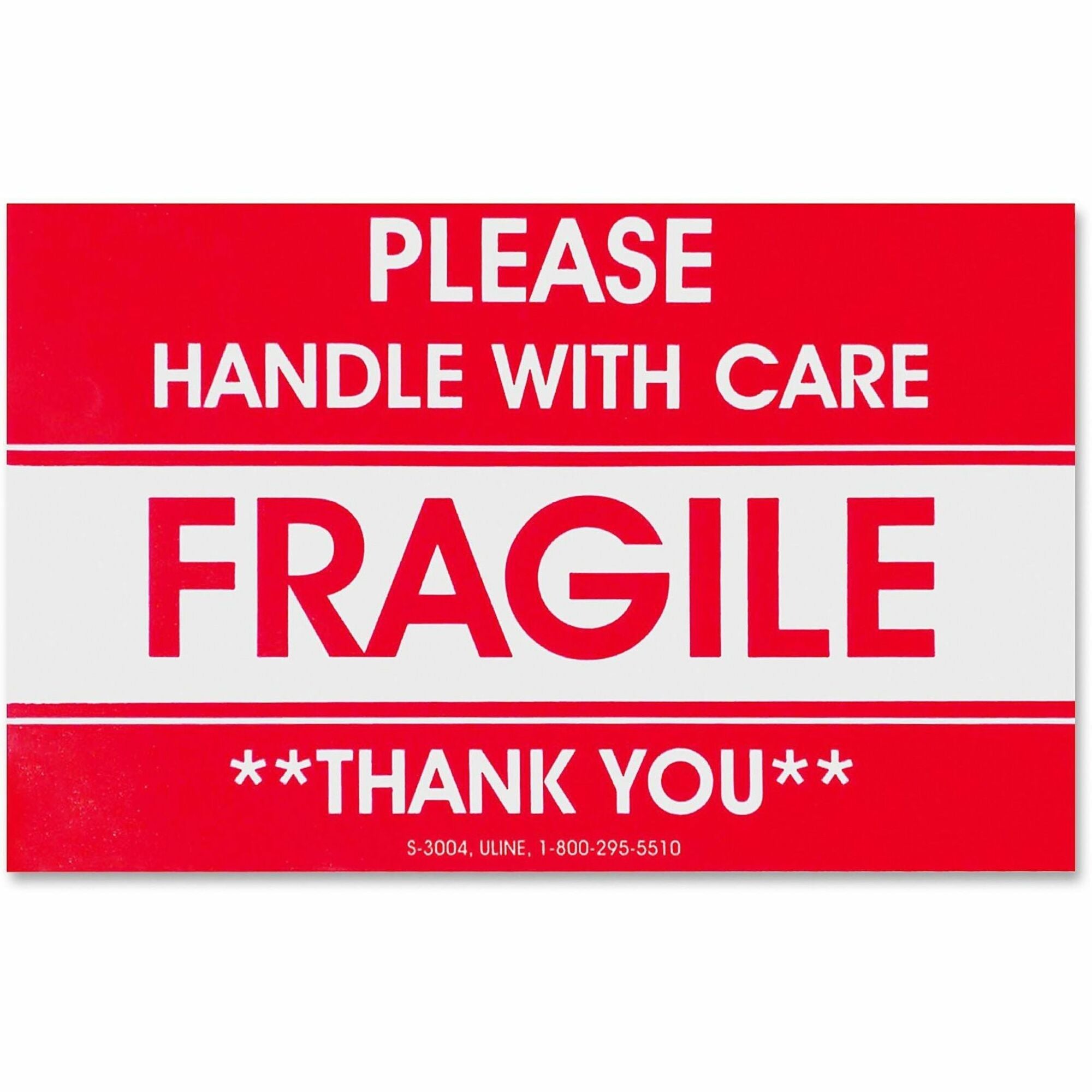 Fragile - Handle with Care, Thank You - 3" Width x 5" Length - Rectangle - Red - 500 / Roll - 500 / Roll