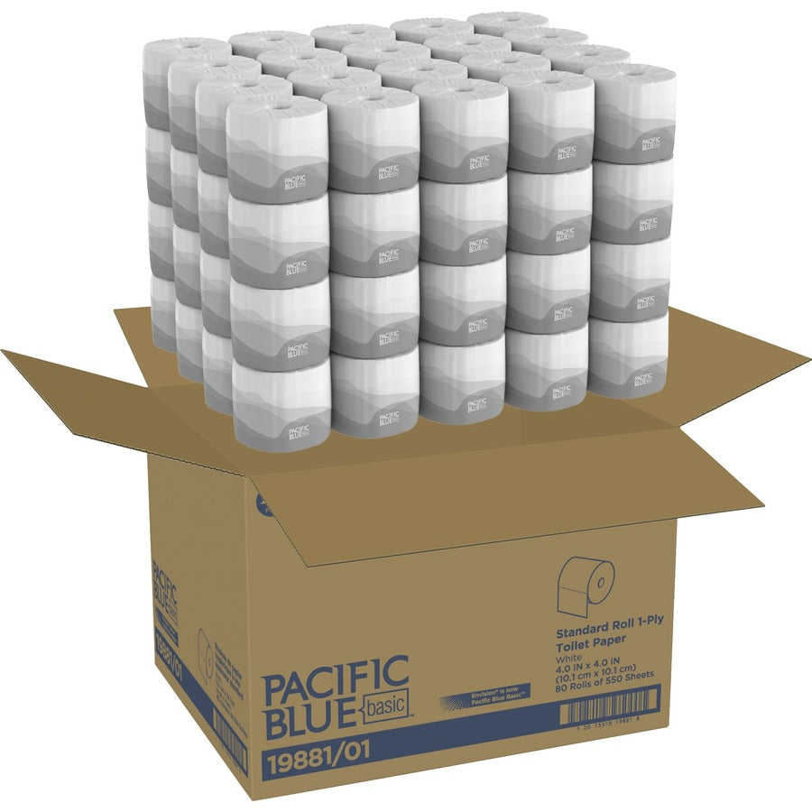 Pacific Blue Basic Standard Roll Toilet Paper - 2 Ply - 4" Width x 4" Length - 550 Sheets/Roll - Embossed - White - 80 / Carton