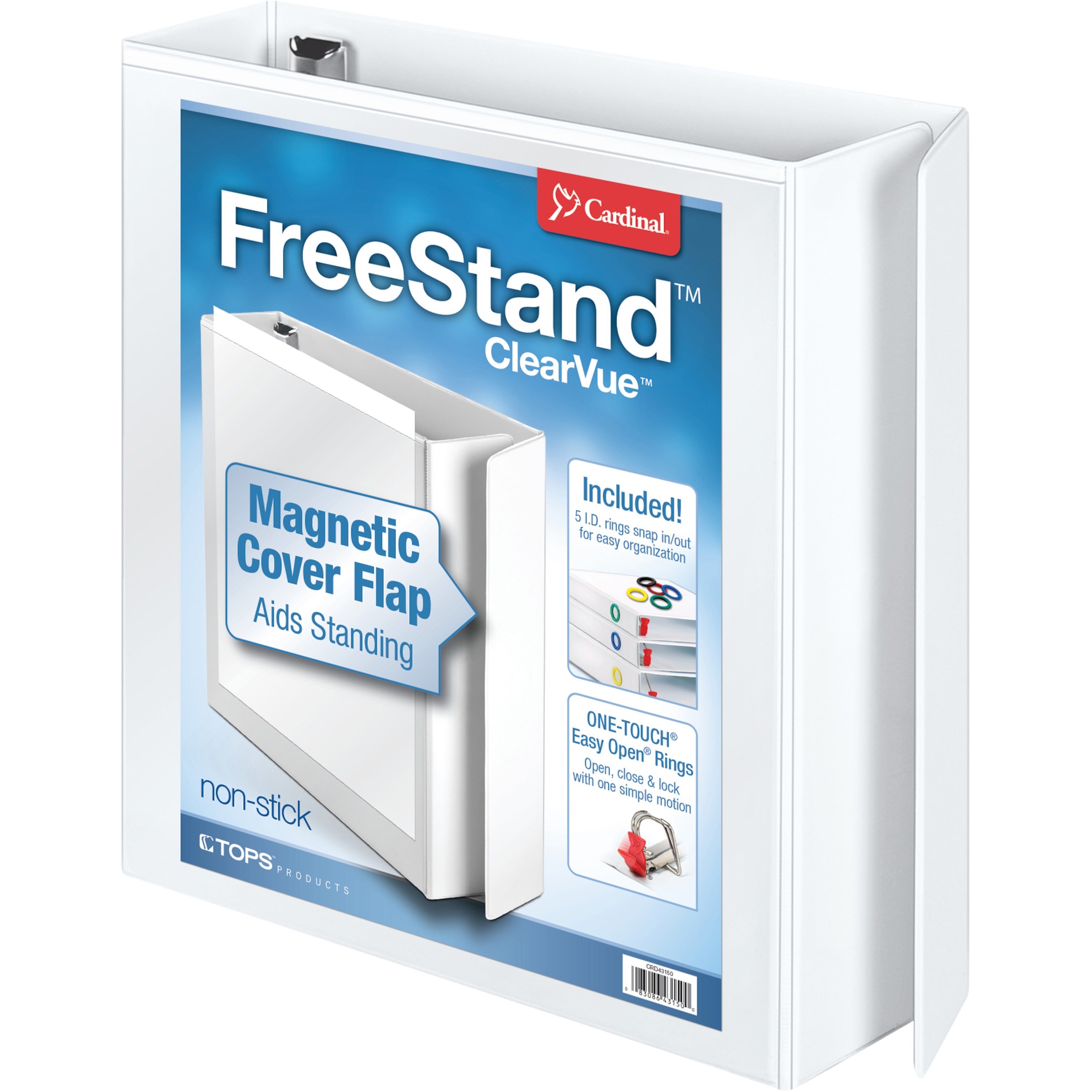 Cardinal FreeStand Easy Open Slant-D Ring Binder, 2" Capacity, 3 D-Rings, Letter Size, 525 Sheet Capacity, White, Polypropylene, Magnetic Closure, Clear Overlay, Archival-Safe, 1 Each
