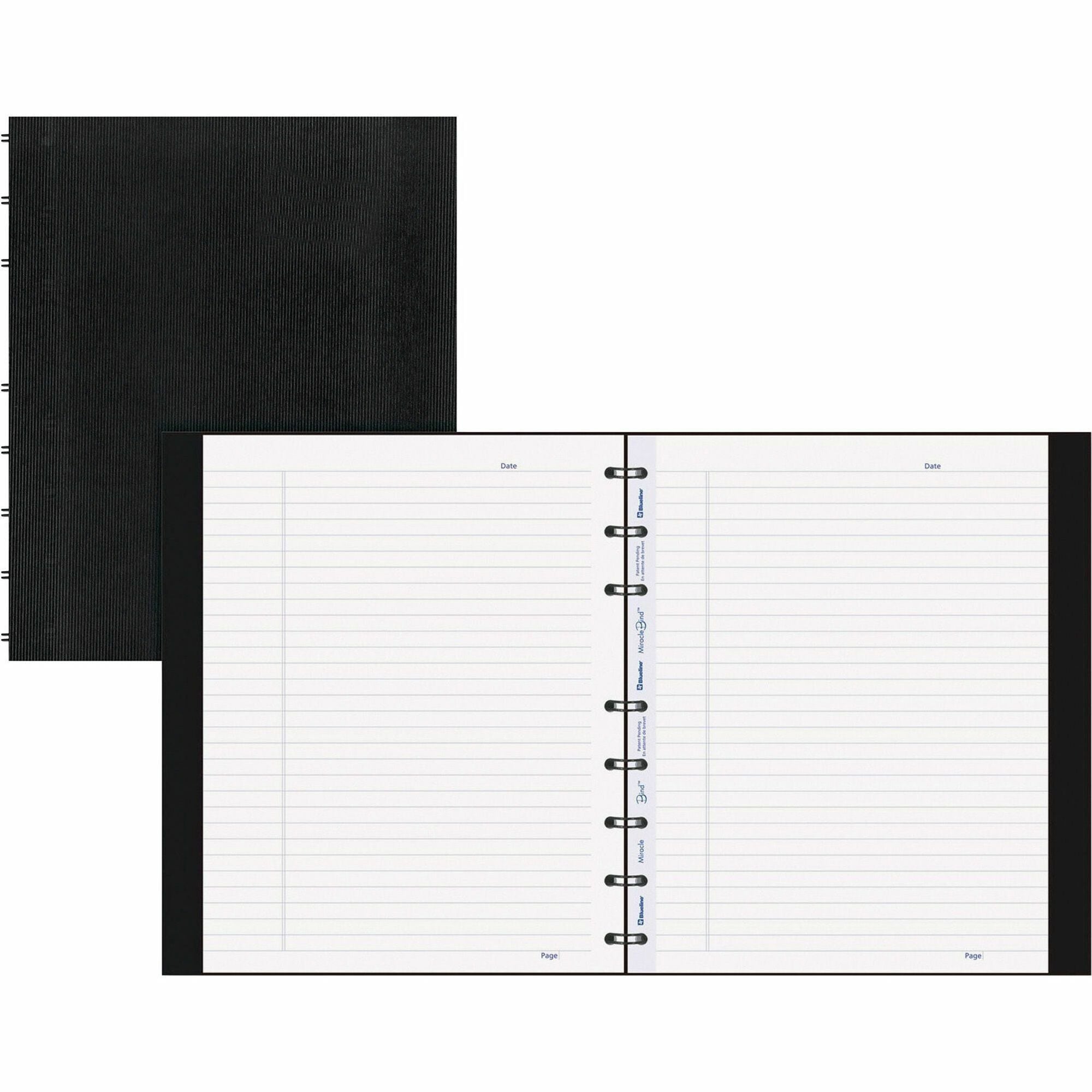 150 Sheets - 150 Pages - Twin Wirebound - Ruled Margin - 9 1/4" x 7 1/4" Sheet Size - Black Ribbed Cover - Micro Perforated, Index Sheet, Self-adhesive Tab, Pocket, Repositionable, Removable, Hard Cover, Telephone & Address Pages - Recycled - 1 Each