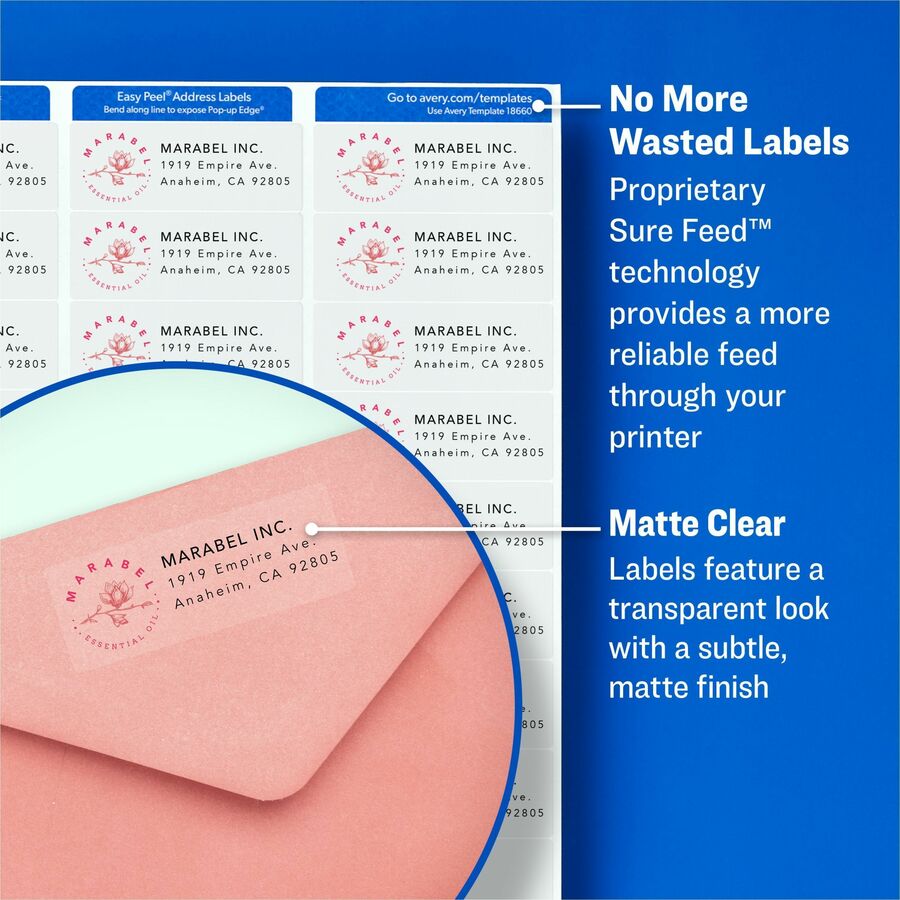 Avery Easy Peel Inkjet Printer Mailing Labels, Matte Clear, 1/2" x 1 3/4", Rectangle, Permanent Adhesive, 80 Labels/Sheet, 80 Sheets, 800 Labels/Pack