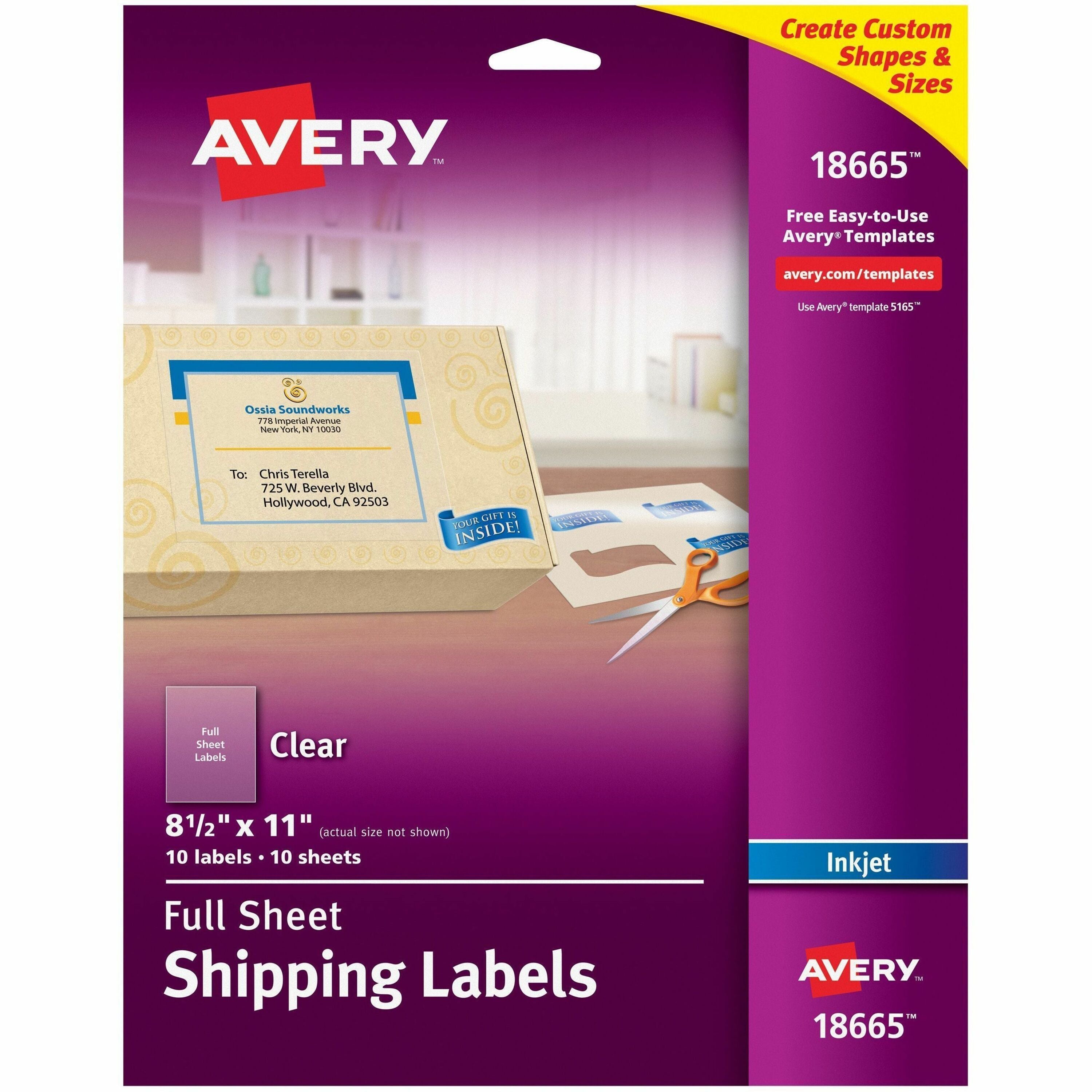 Matte Clear Shipping Labels, 8 1/2" x 11", Permanent Adhesive, Rectangle, Inkjet Compatible, Film Material, Chlorine-free, PVC-free, 1 Sheet, 10 Labels per Pack