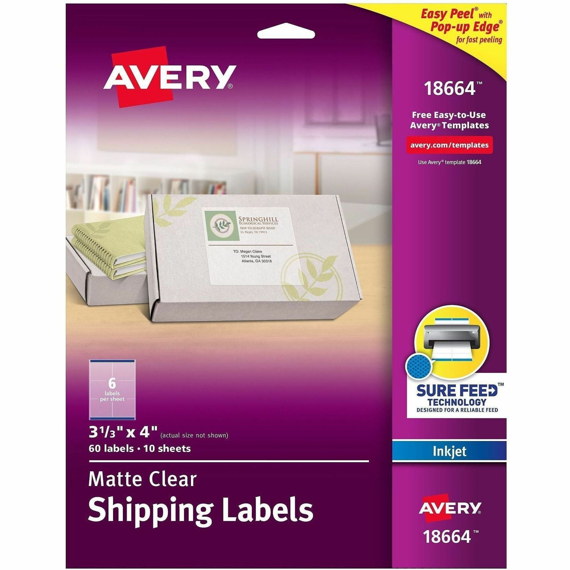 Avery&reg; Clear Shipping Labels, Sure Feed, 3-1/3" x 4" , 60 Labels (18664)