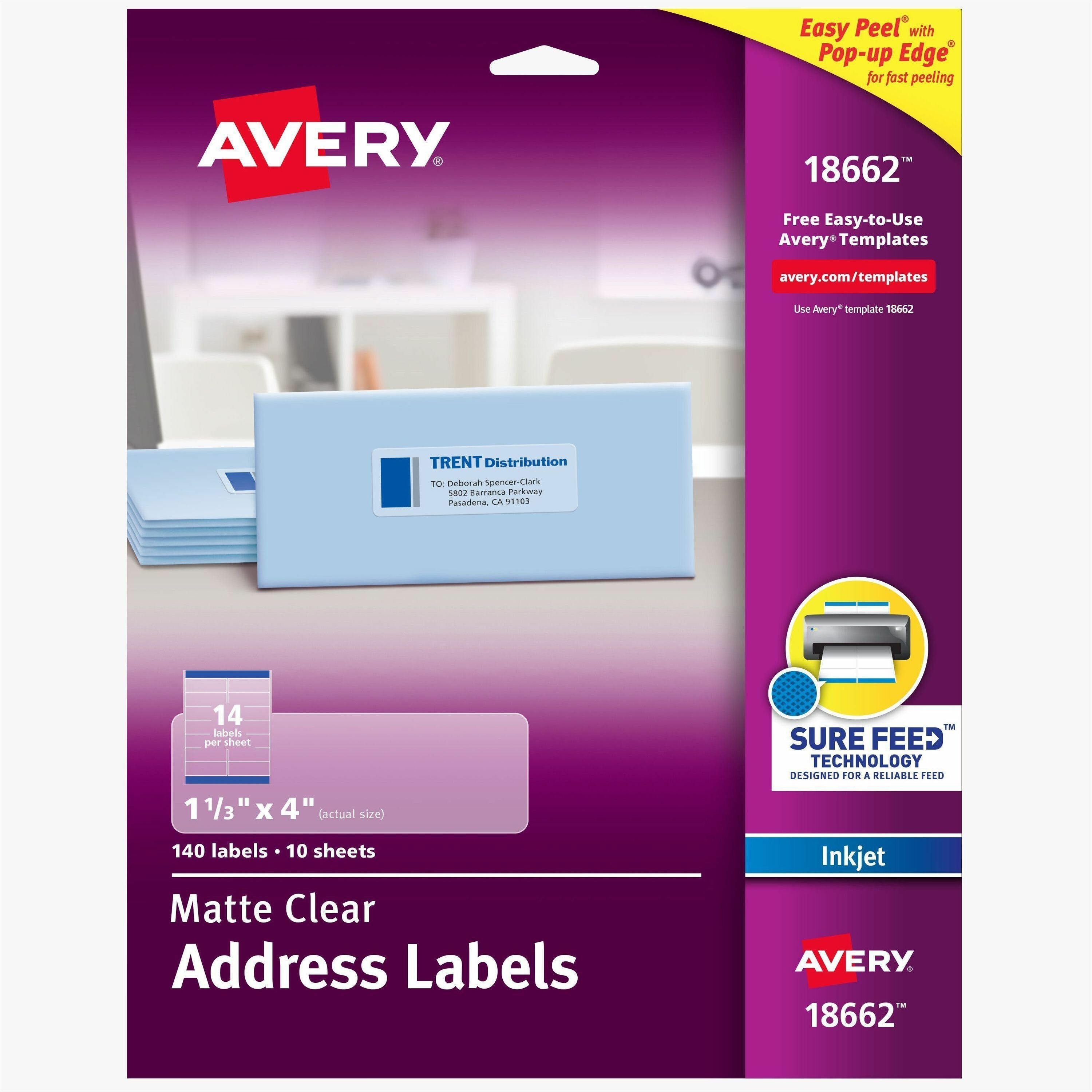 Avery Easy Peel Inkjet Printer Mailing Labels, Matte Clear, 1 21/64" x 4", Rectangle, Permanent Adhesive, 14 Labels/Sheet, 14 Sheets, 140 Labels/Pack