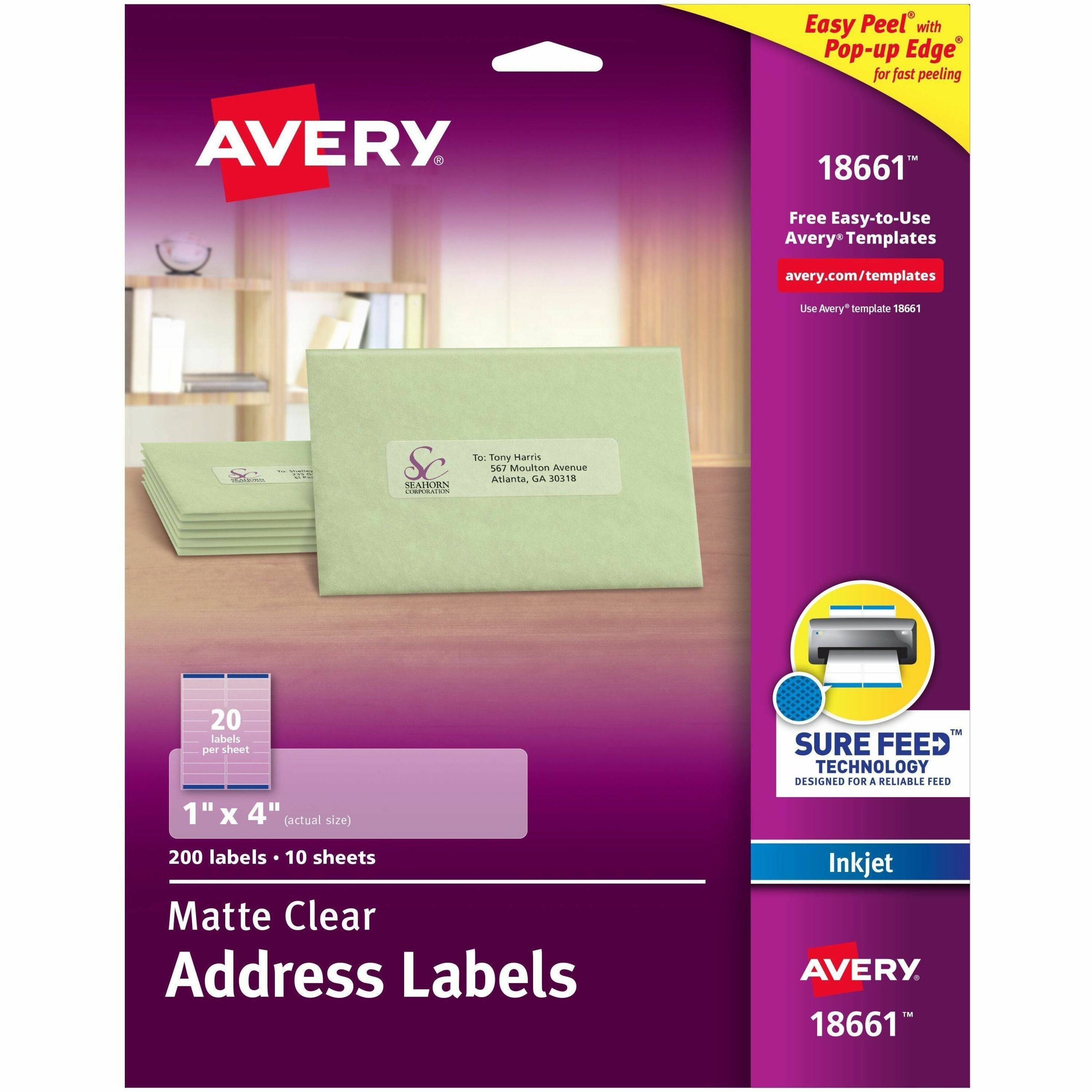 Avery Easy Peel Inkjet Printer Mailing Labels, Matte Clear, 1" x 4", Rectangle, Permanent Adhesive, 20 Sheets, 200 Labels per Pack