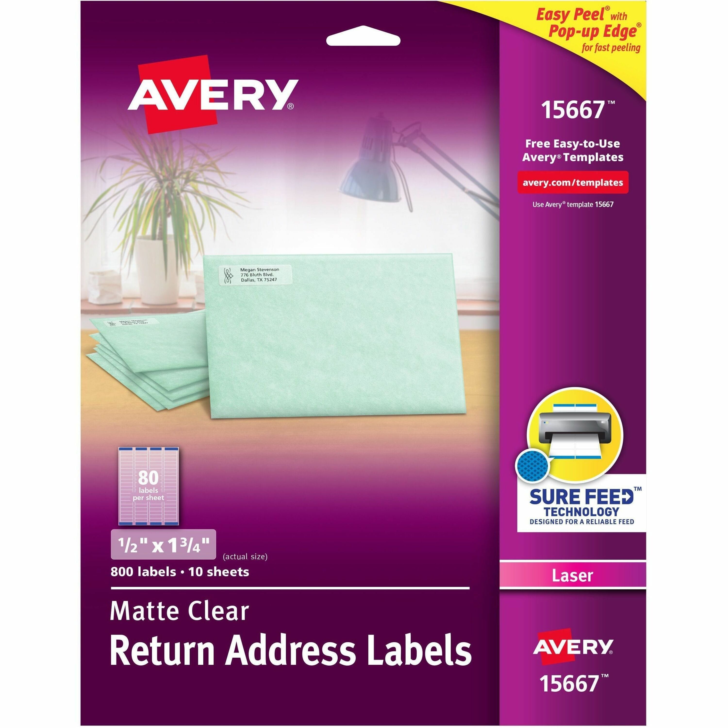 Avery Easy Peel Clear Return Address Labels, 1/2" x 1 3/4", Matte, Permanent Adhesive, Rectangle, Laser Compatible, 80 Labels/Sheet, 10 Sheets, 800 Labels/Pack