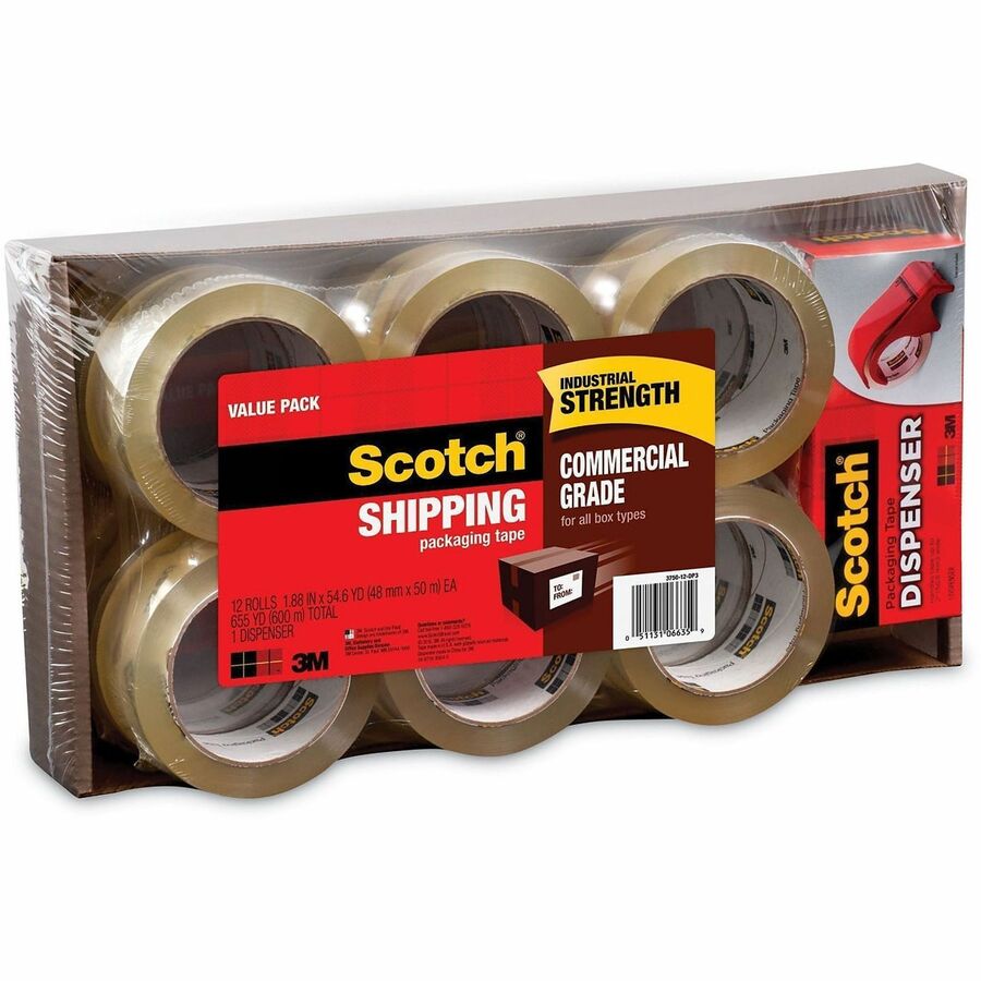 54.60 yd Length x 1.88" Width x 3.1 mil Thickness - 3" Core - Clear - Synthetic Rubber Resin - Dispenser Included - For Sealing, Splicing, Packing - 12 / Pack