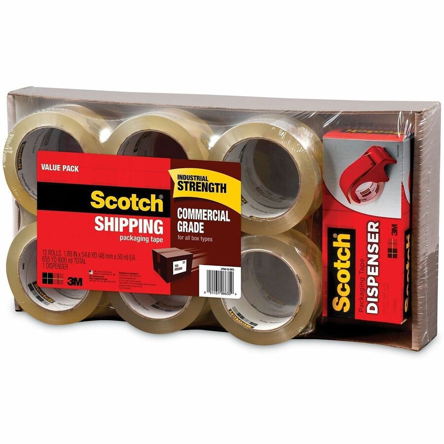 54.60 yd Length x 1.88" Width x 3.1 mil Thickness - 3" Core - Clear - Synthetic Rubber Resin - Dispenser Included - For Sealing, Splicing, Packing - 12 / Pack