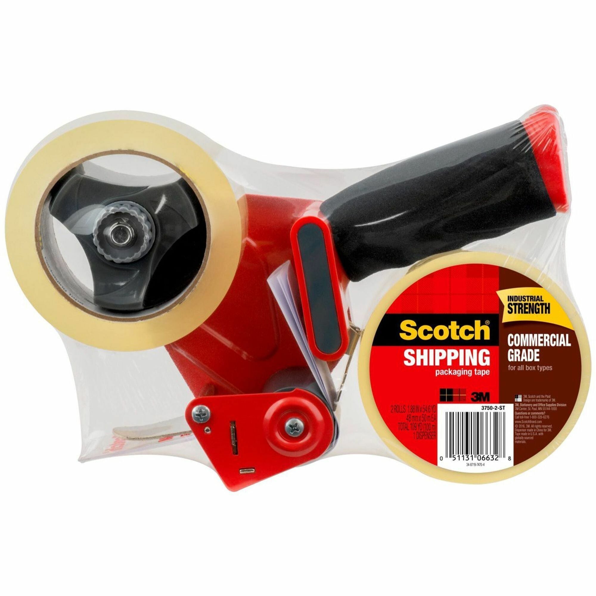 Scotch Commercial-Grade Shipping/Packaging Tape - 54.60 yd Length x 1.88" Width x 3.1 mil Thickness - 3" Core - Clear - Synthetic Rubber Resin Backing - Pistol Grip Dispenser - For Multipurpose, Packing, Shipping - 1 Pack