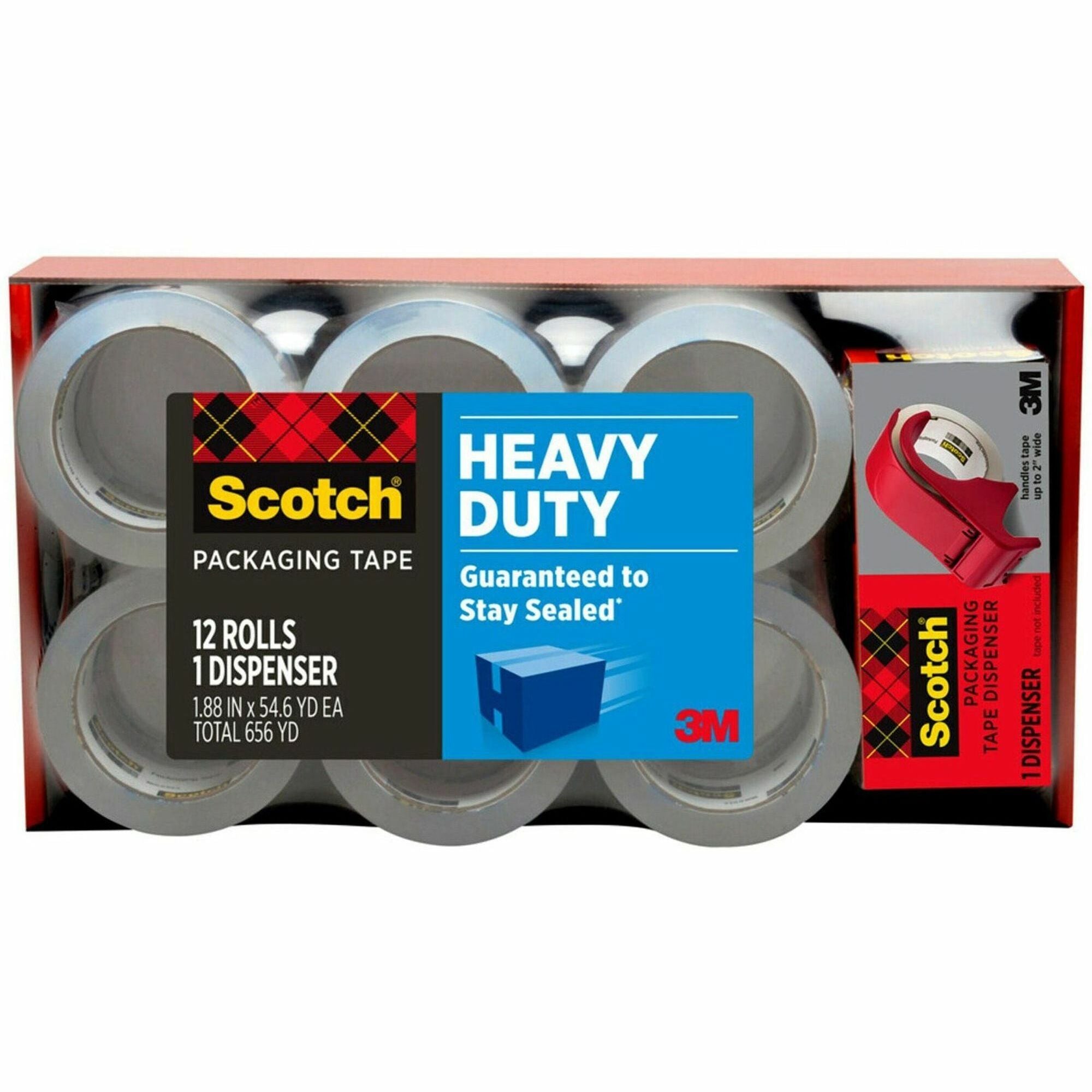 Scotch Heavy-Duty Shipping/Packaging Tape, 1 Pack, 54.60 yd x 1.88" x 3.1 mil, Clear, 3" Core, Synthetic Rubber Resin Backing, Handheld Dispenser Included