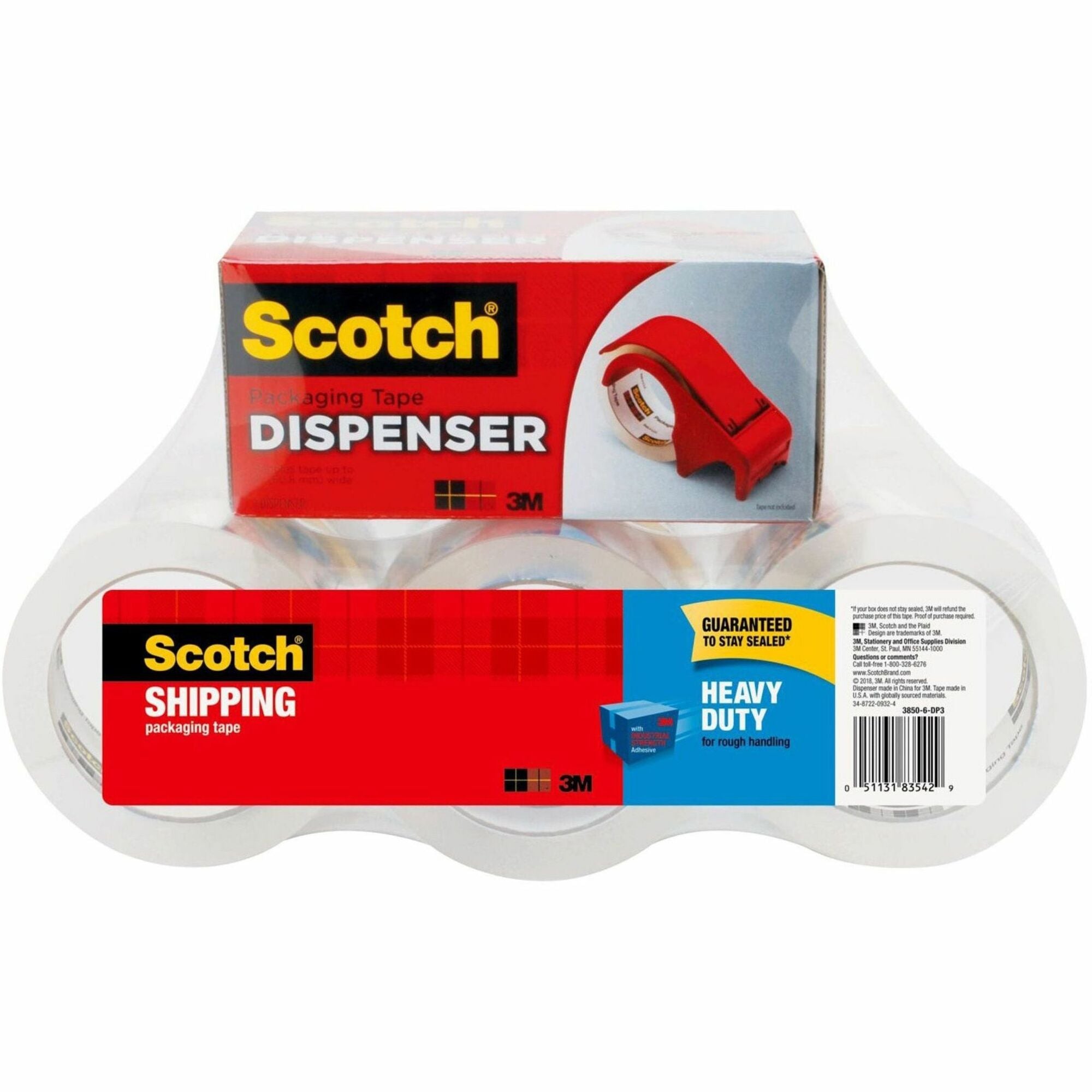 Scotch Heavy-Duty Shipping/Packaging Tape, 1.88" x 54.60 yd, 3.1 mil Thick, 3" Core, Clear, Synthetic Rubber Resin, Dispenser Included, 1 Pack