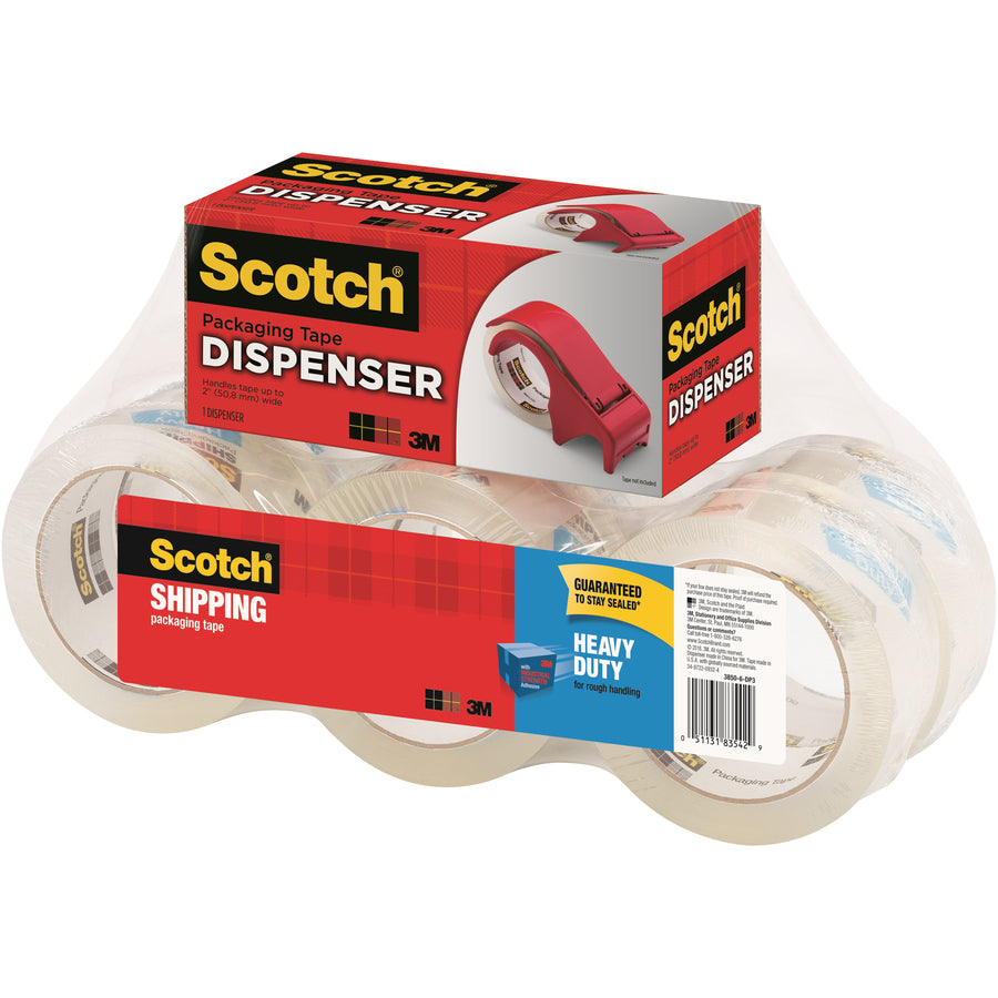 Scotch Heavy-Duty Shipping/Packaging Tape, 1.88" x 54.60 yd, 3.1 mil Thick, 3" Core, Clear, Synthetic Rubber Resin, Dispenser Included, 1 Pack