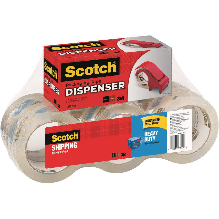 Scotch Heavy-Duty Shipping/Packaging Tape, 1.88" x 54.60 yd, 3.1 mil Thick, 3" Core, Clear, Synthetic Rubber Resin, Dispenser Included, 1 Pack