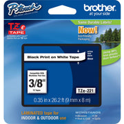 Brother TZe Laminated Tape Cartridge, 3/8" x 26.2 ft, White, 1 Each, Water, Grease, Grime & Temperature Resistant, PET/Polyester Film, Rectangle, Roll