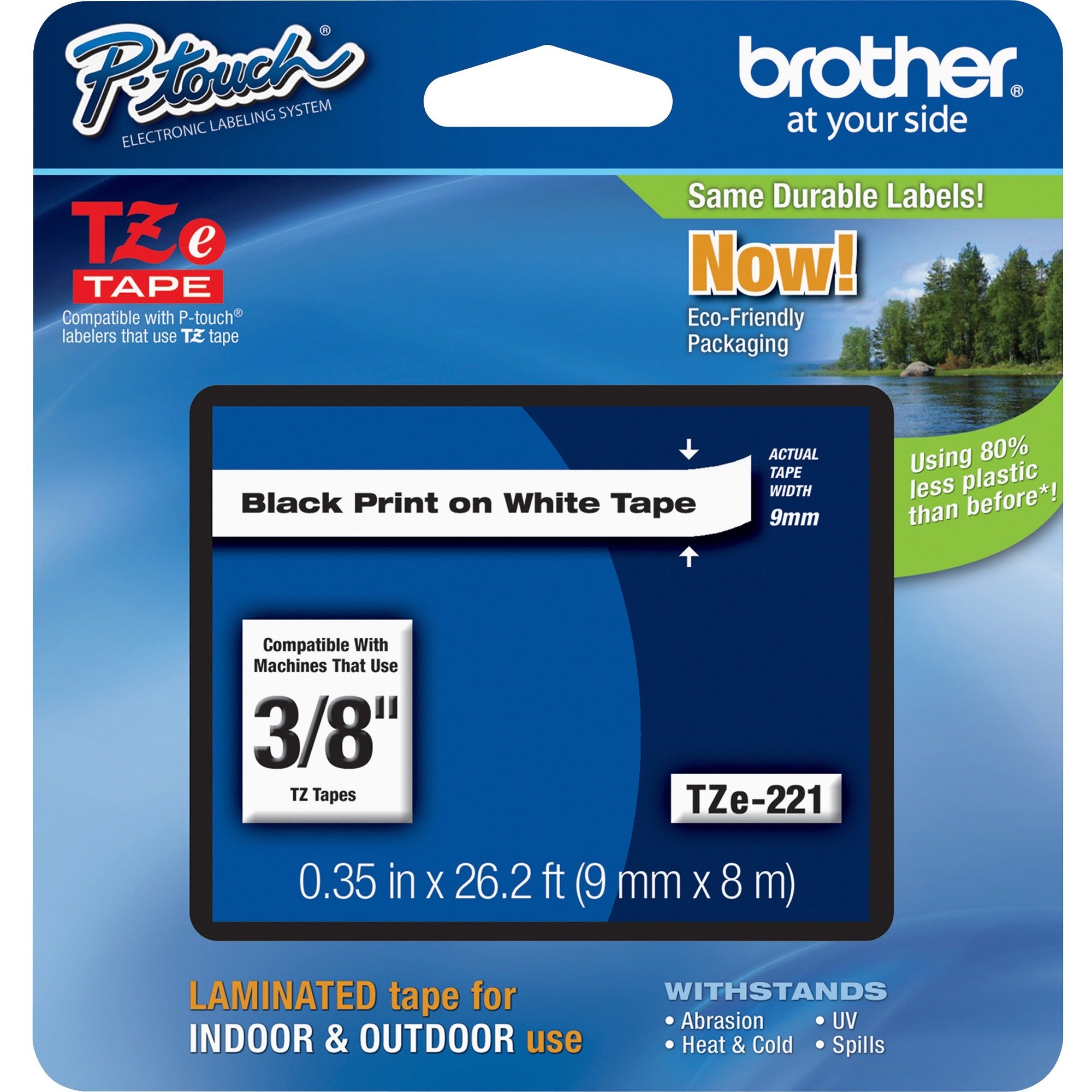 Brother TZe Laminated Tape Cartridge, 3/8" x 26.2 ft, White, 1 Each, Water, Grease, Grime & Temperature Resistant, PET/Polyester Film, Rectangle, Roll