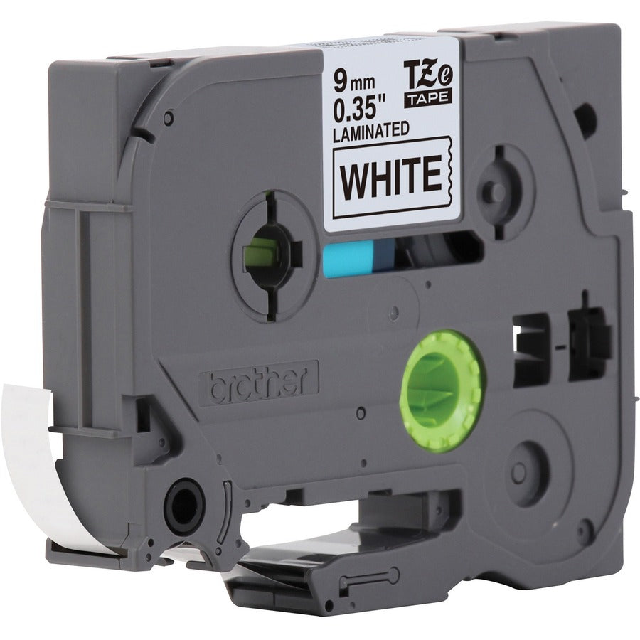 Brother TZe Laminated Tape Cartridge, 3/8" x 26.2 ft, White, 1 Each, Water, Grease, Grime & Temperature Resistant, PET/Polyester Film, Rectangle, Roll