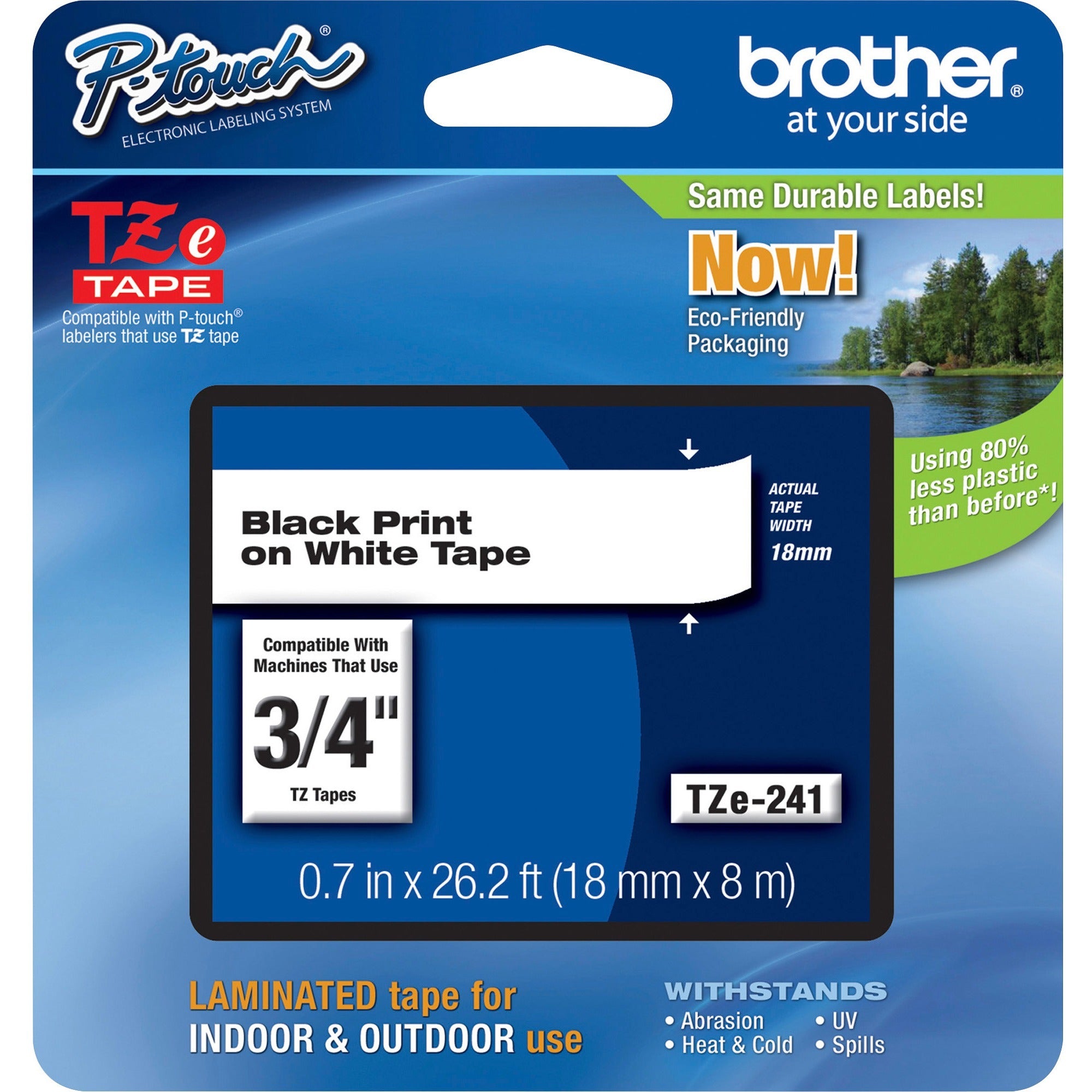 Brother TZe Flat Surface Laminated Tape, 45/64" Width, White, PET/Polyester Film, Water, Grease, Grime, Abrasion, and Light Resistant, 1 Roll