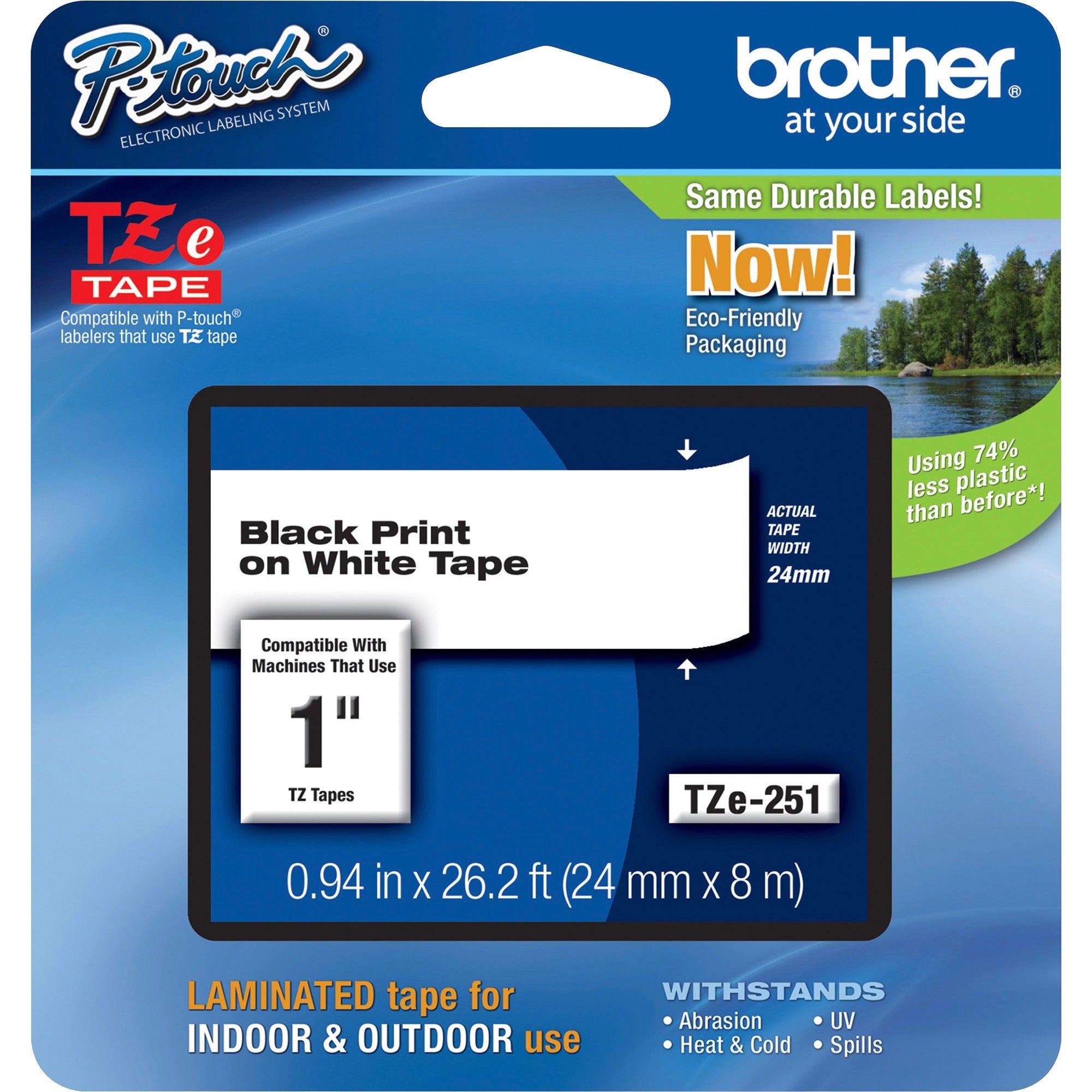 Brother TZe Laminated Tape - Waterproof - x 15/16" Width - Rectangle - Thermal Transfer - White - Laminated - Grease Resistant, Grime Resistant, Temperature Resistant, Chemical Resistant, Fade Resistant, Abrasion Resistant - 1 Each