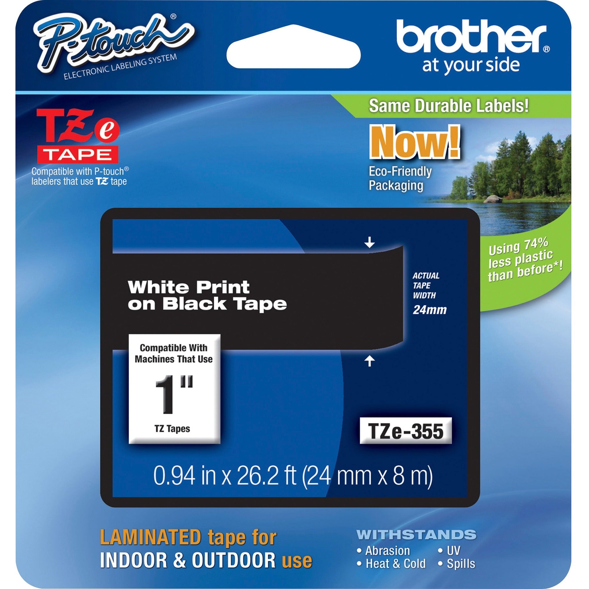 P-touch TZe Laminated Tape - x 1" Width x 26 1/5 ft Length - Rectangle - Thermal Transfer - White, Black - Water Resistant - Laminated - Grease Resistant, Grime Resistant, Temperature Resistant - 1 Each
