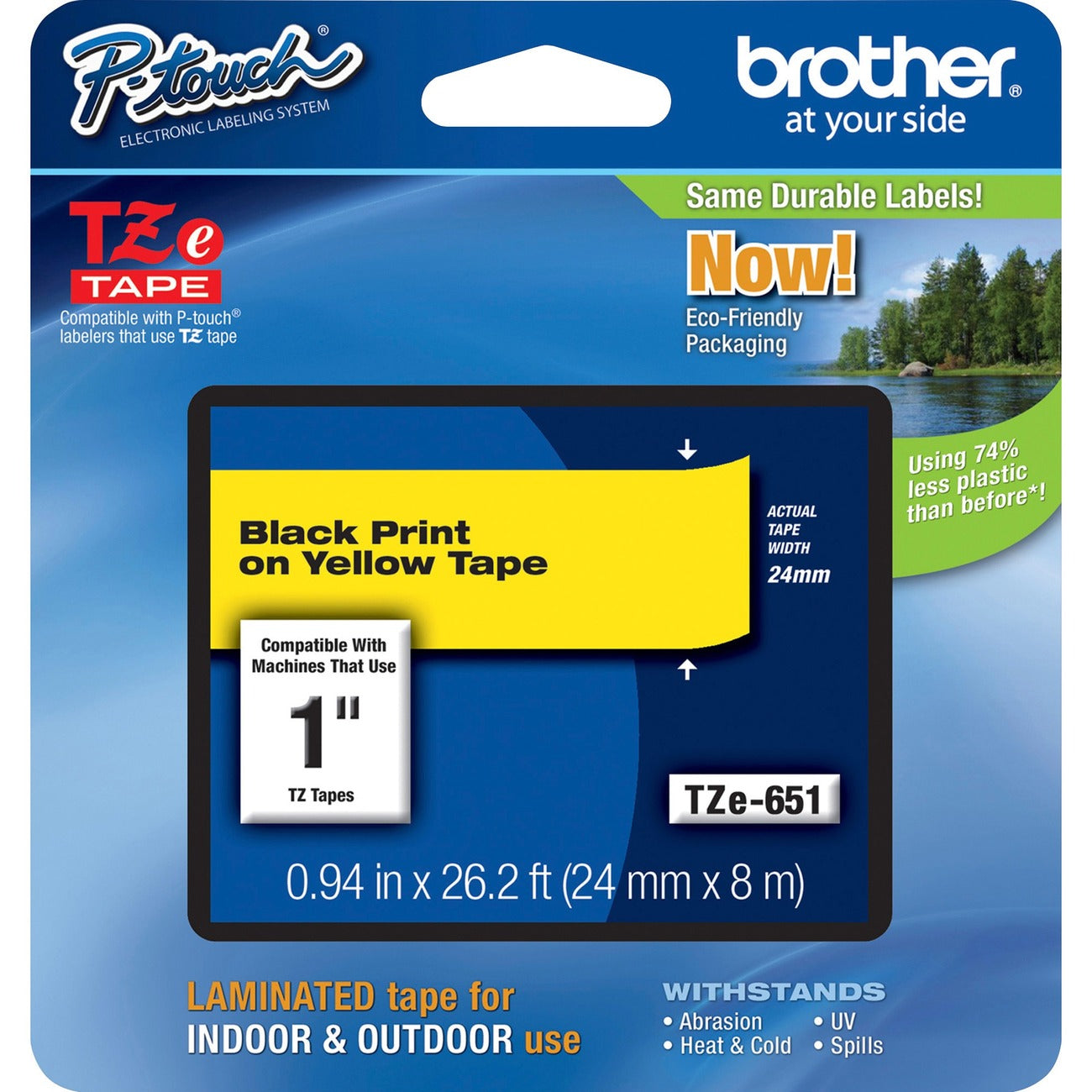 Brother TZe Laminated Tape - x 1" Width x 26 1/5 ft Length - Rectangle - Thermal Transfer - Yellow - Water Resistant - Laminated - Grease Resistant, Grime Resistant, Temperature Resistant, Adhesive - 1 Each