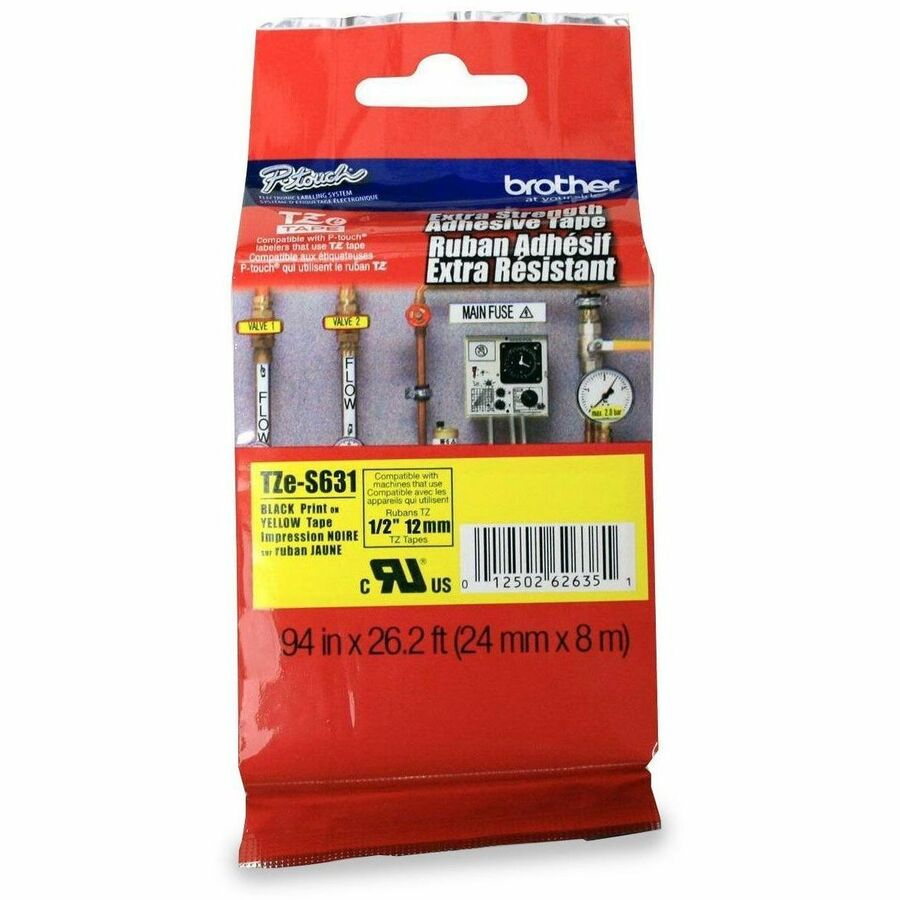 P-touch Industrial TZe Tape Cartridge - x 15/32" Width - Black, Yellow - Polyethylene - Laminated - Temperature Resistant, Abrasion Resistant, Chemical Resistant, Fade Resistant, Durable - 1 Each