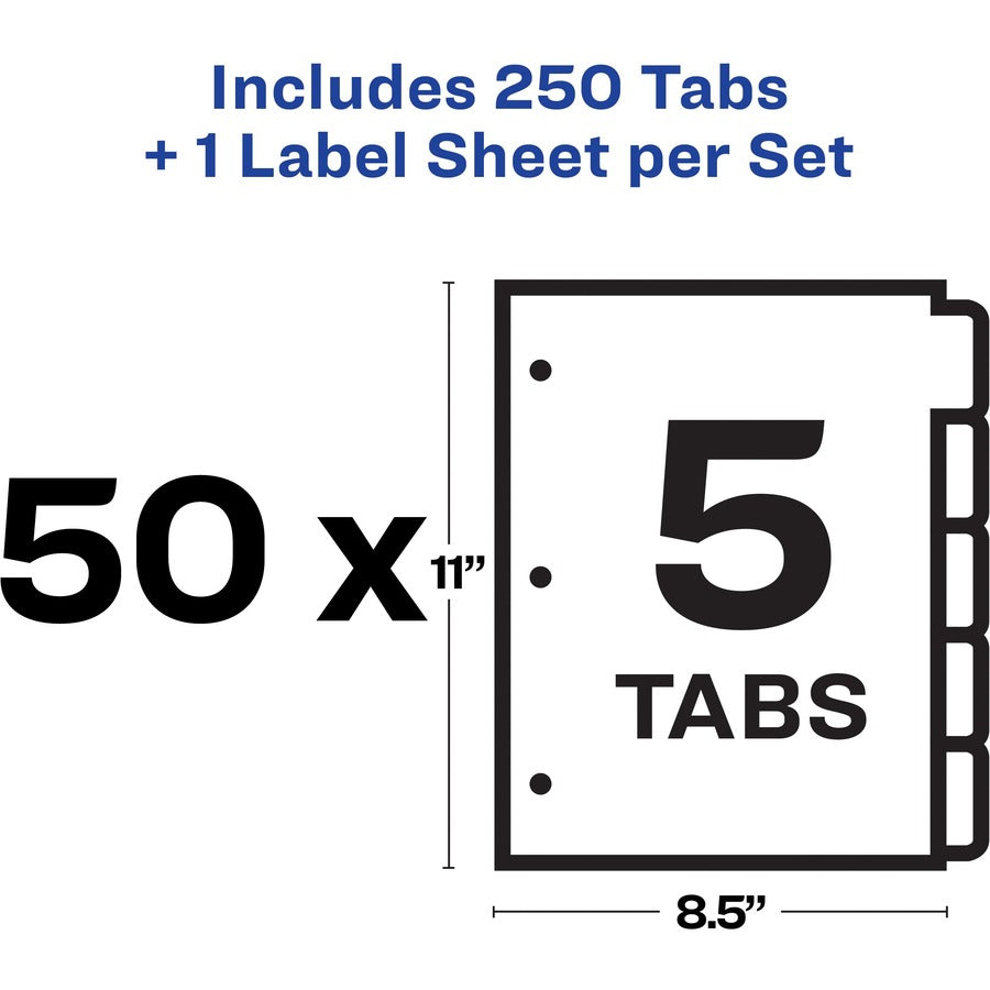 Avery&reg; Index Maker Index Divider - 250 x Divider(s) - Print-on Tab(s) - 5 - 5 Tab(s)/Set - 8.5" Divider Width x 11" Divider Length - 3 Hole Punched - White Paper Divider - White Paper Tab(s) - 50 / Box