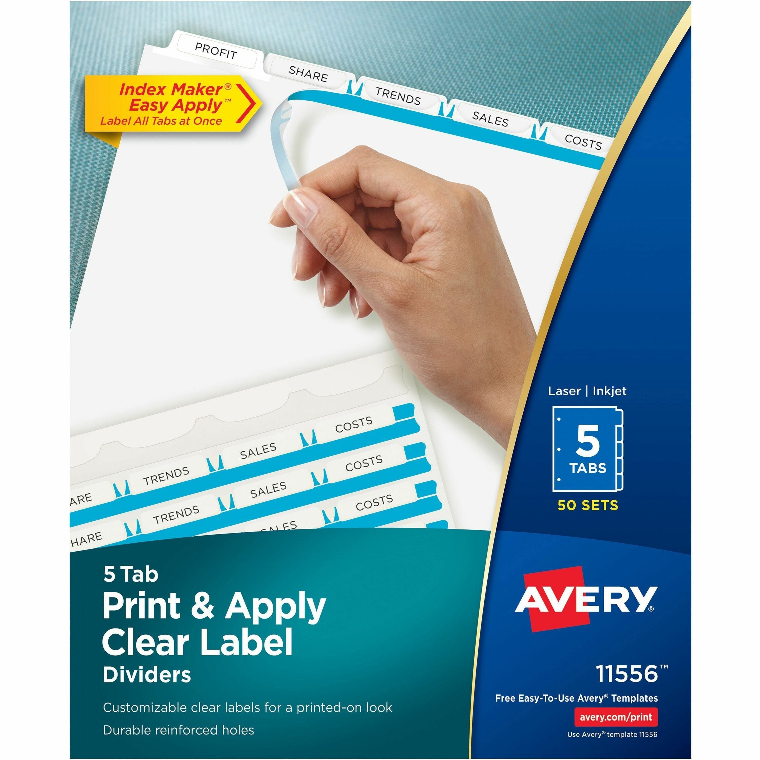 Avery&reg; Index Maker Index Divider - 250 x Divider(s) - Print-on Tab(s) - 5 - 5 Tab(s)/Set - 8.5" Divider Width x 11" Divider Length - 3 Hole Punched - White Paper Divider - White Paper Tab(s) - 50 / Box