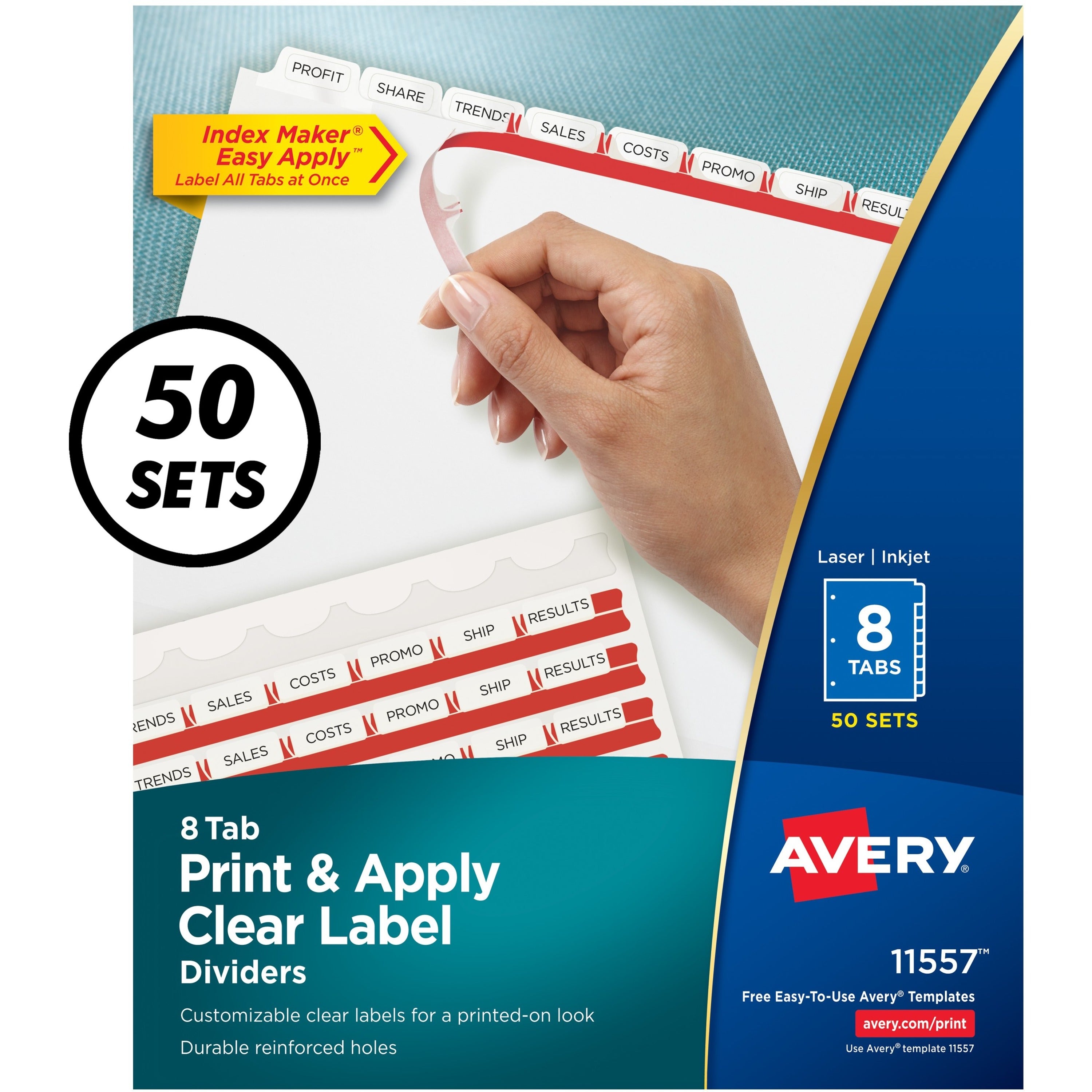 Avery&reg; Index Maker Index Divider - 400 x Divider(s) - Print-on Tab(s) - 8 - 8 Tab(s)/Set - 8.5" Divider Width x 11" Divider Length - 3 Hole Punched - White Paper Divider - White Paper Tab(s) - 50 / Box