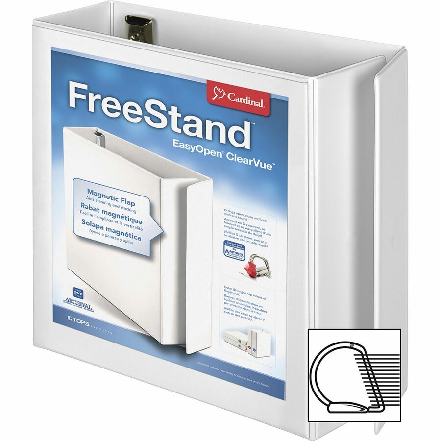Cardinal FreeStand Easy Open Slant-D Ring Binder, 4" Capacity, 3 Rings, Letter Size, 8.5" x 11", 775 Sheet Capacity, White, Polypropylene, Magnetic Closure, Clear Overlay, PVC-free, 1 Each