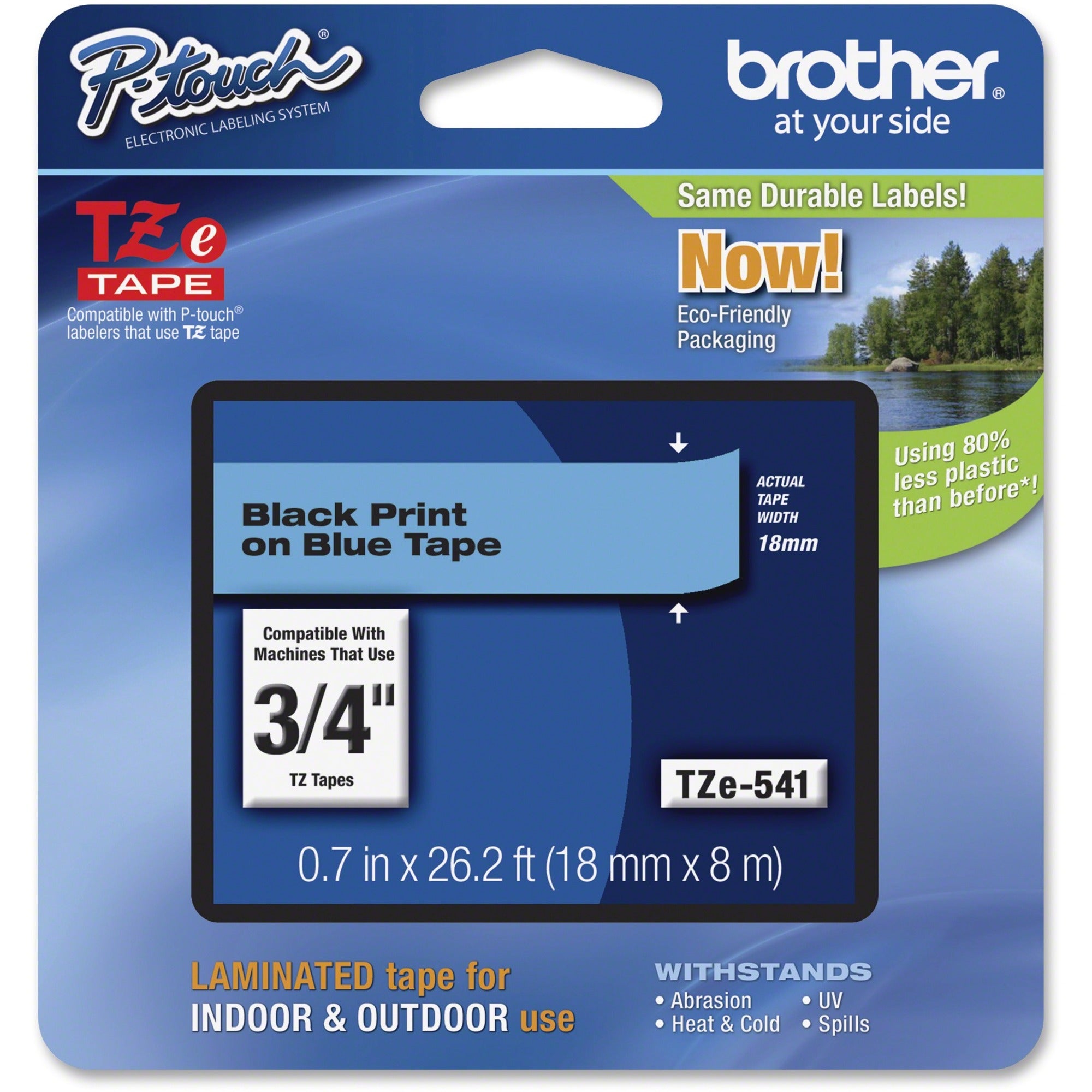 P-touch TZe Flat Surface Laminated Tape - x 45/64" Width - Permanent Adhesive - Thermal Transfer - Blue, Black - Water Resistant - Laminated - Grease Resistant, Fade Resistant, Heat Resistant, Cold Resistant, Spill Resistant, Durable - 1 Each