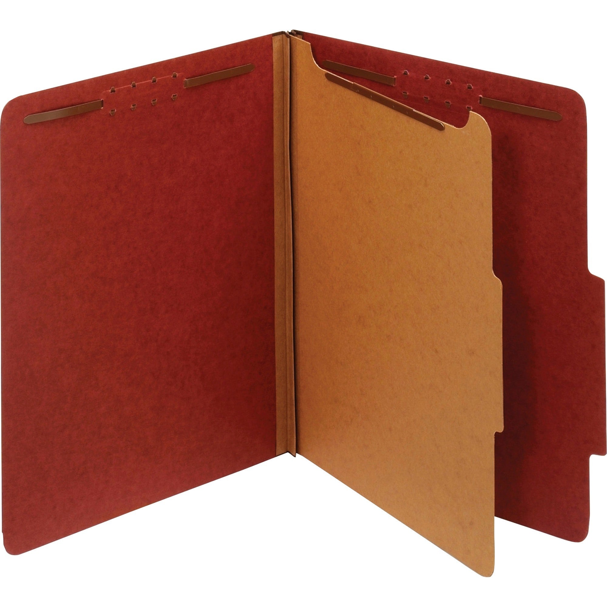 Pendaflex 2/5 Tab Cut Letter Recycled Classification Folders, 8.5" x 11", 1 Divider, 4 Fasteners, 1-3/4" Expansion, Red, 25 pt. Pressboard, Tyvek Tape Spine, 100% Recycled, 10/Box