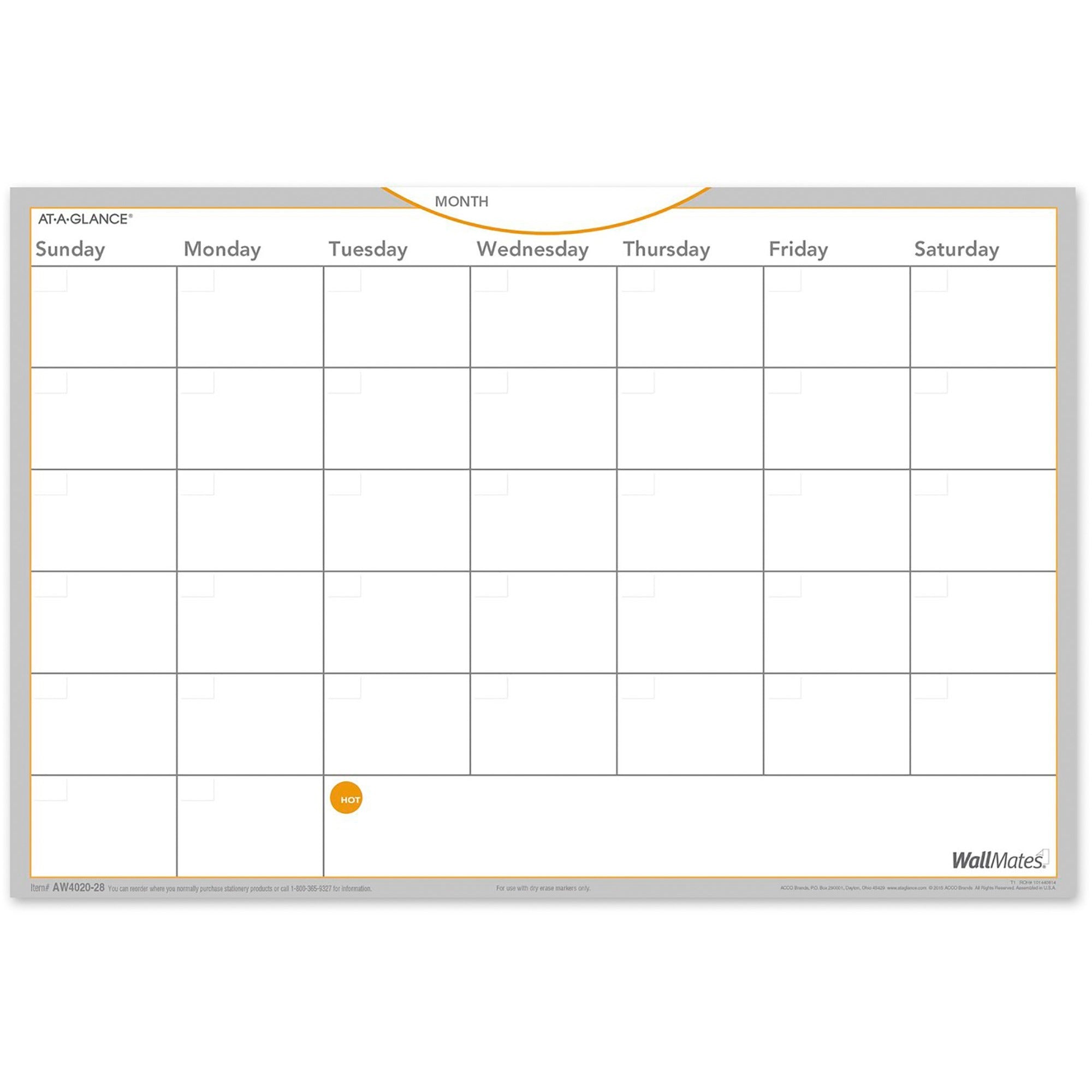 At-A-Glance WallMates Monthly Planning Surface - Monthly - 12" x 18" Sheet Size - White - Reference Calendar, Self-adhesive, Adhesive Backing, Residue-free, Dry Erase Surface - 1 Each