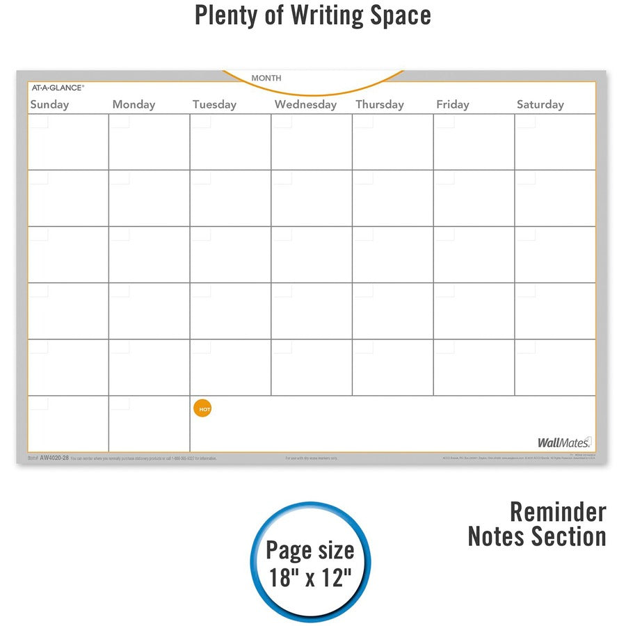 At-A-Glance WallMates Monthly Planning Surface - Monthly - 12" x 18" Sheet Size - White - Reference Calendar, Self-adhesive, Adhesive Backing, Residue-free, Dry Erase Surface - 1 Each
