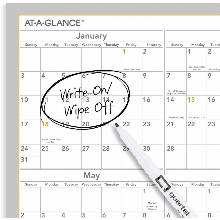 Large - Yearly - 12 Month - January 2026 to December 2026 - 18" x 24" Sheet Size - White Sheet - White - Laminate - Erasable, Self-adhesive, Dry Erase Surface, Reversible, Write on/Wipe off, Unruled Daily Block, Year Date Indicator - 1 Each