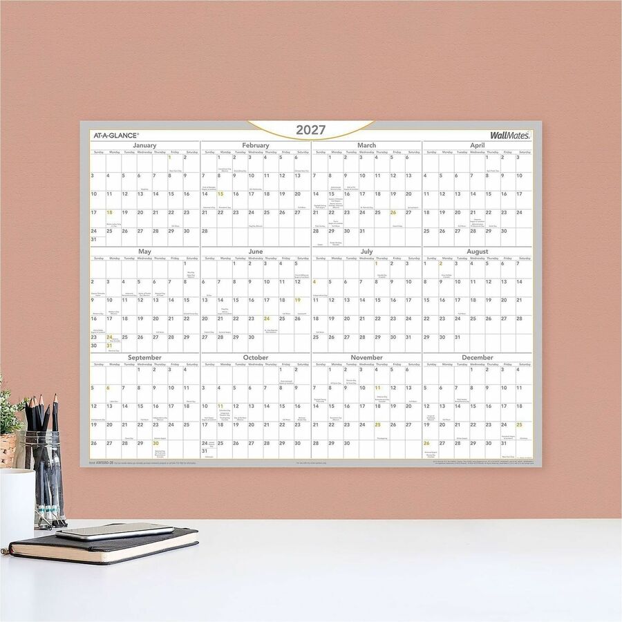 Large - Yearly - 12 Month - January 2026 to December 2026 - 18" x 24" Sheet Size - White Sheet - White - Laminate - Erasable, Self-adhesive, Dry Erase Surface, Reversible, Write on/Wipe off, Unruled Daily Block, Year Date Indicator - 1 Each