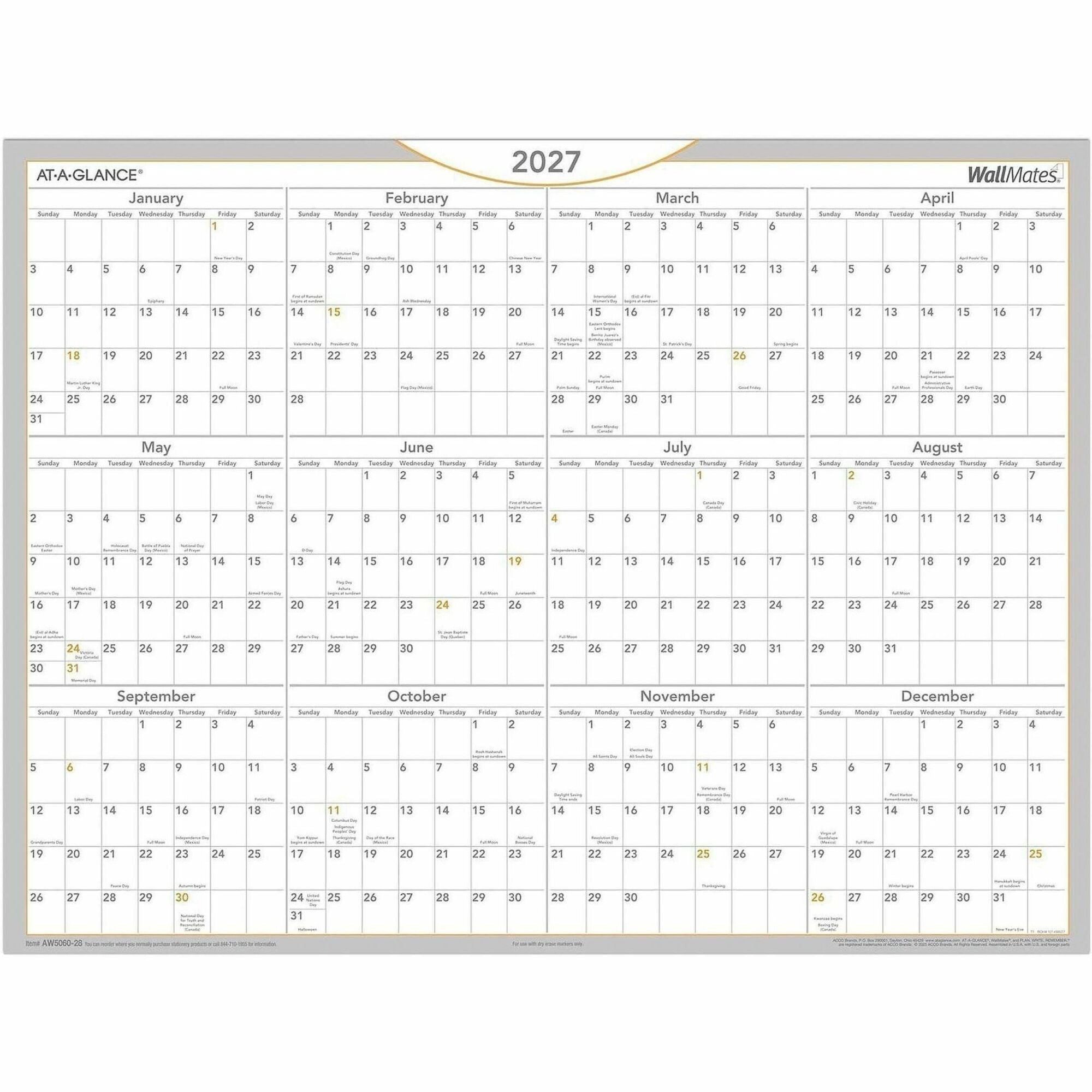 Large - Yearly - 12 Month - January 2026 to December 2026 - 18" x 24" Sheet Size - White Sheet - White - Laminate - Erasable, Self-adhesive, Dry Erase Surface, Reversible, Write on/Wipe off, Unruled Daily Block, Year Date Indicator - 1 Each