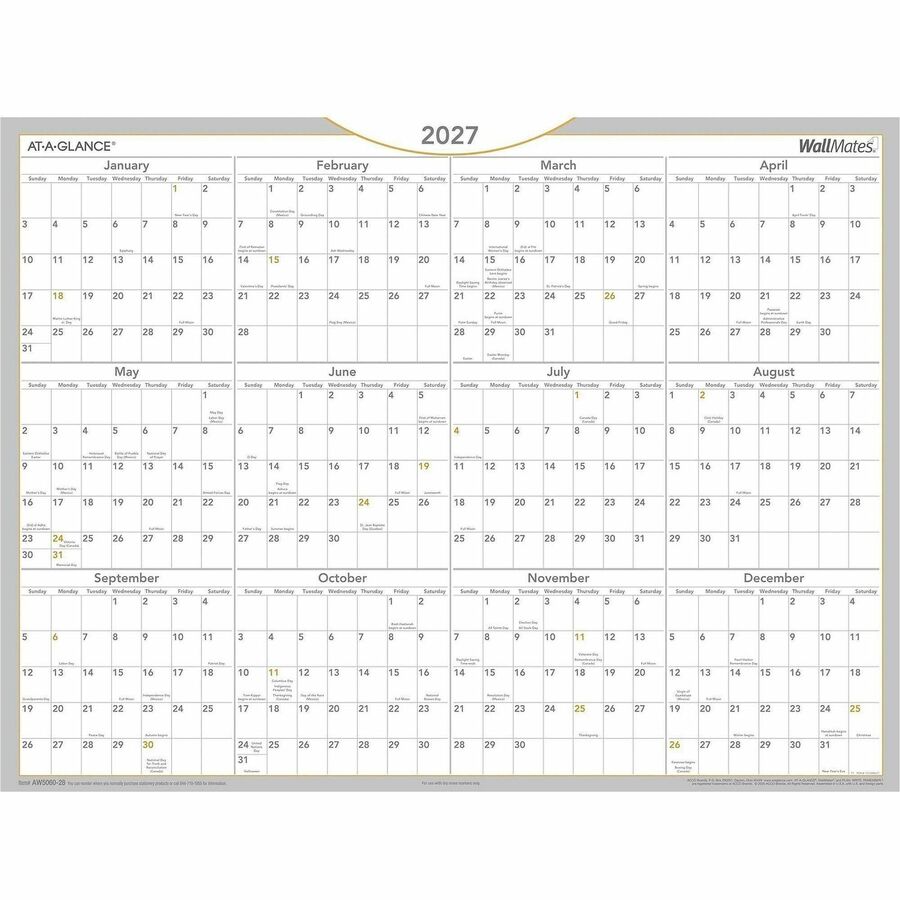 Large - Yearly - 12 Month - January 2026 to December 2026 - 18" x 24" Sheet Size - White Sheet - White - Laminate - Erasable, Self-adhesive, Dry Erase Surface, Reversible, Write on/Wipe off, Unruled Daily Block, Year Date Indicator - 1 Each