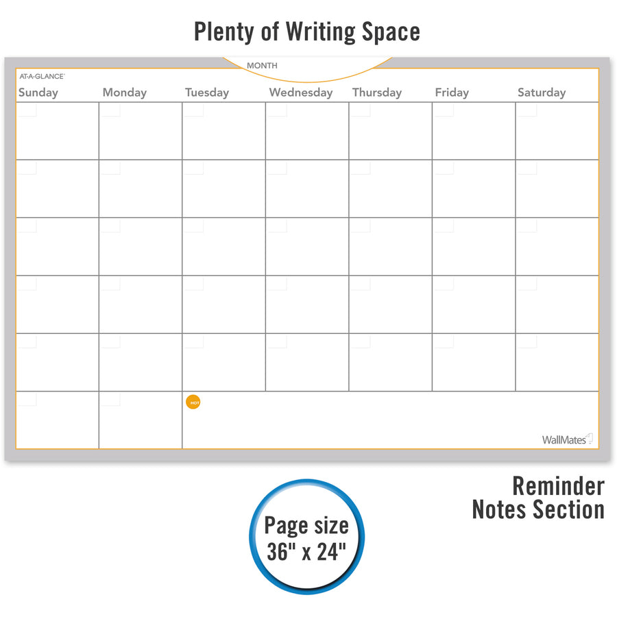 At-A-Glance WallMates Monthly Planning Surface - Monthly - 24" x 36" Sheet Size - White - Erasable, Self-adhesive, Adhesive Backing, Reference Calendar, Dry Erase Surface, Residue-free - 1 Each