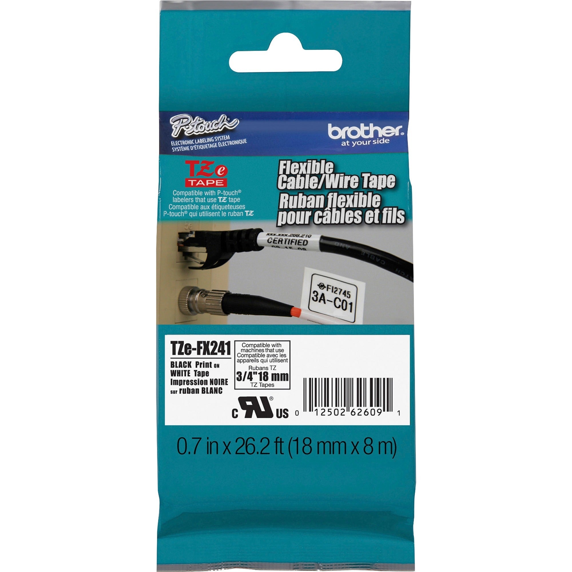 P-touch TZe Laminated Tape, 45/64" x 26 1/4 ft, White, Roll, Rectangle, Thermal Transfer, Water, Chemical, Abrasion, Fade, and Temperature Resistant, 1 Each