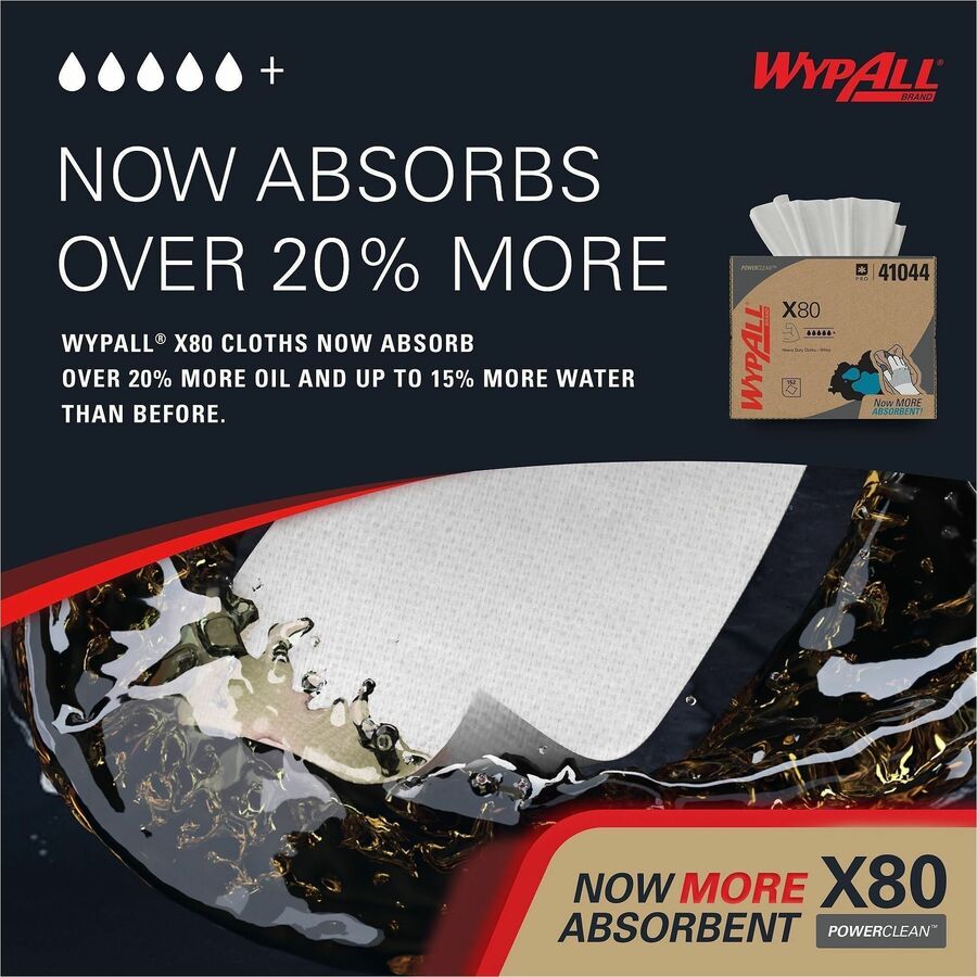 Wypall PowerClean X80 Heavy Duty Cloths - Brag Box - 11.10" Width x 16.80" Length - White - Pulp Fiber, Polypropylene - 1 Carton
