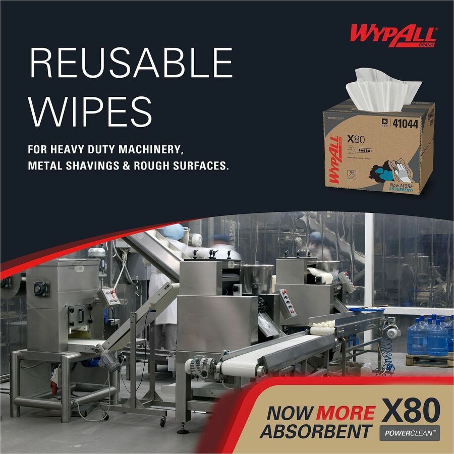 Wypall PowerClean X80 Heavy Duty Cloths - Brag Box - 11.10" Width x 16.80" Length - White - Pulp Fiber, Polypropylene - 1 Carton
