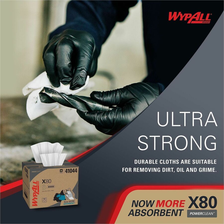 Wypall PowerClean X80 Heavy Duty Cloths - Brag Box - 11.10" Width x 16.80" Length - White - Pulp Fiber, Polypropylene - 1 Carton