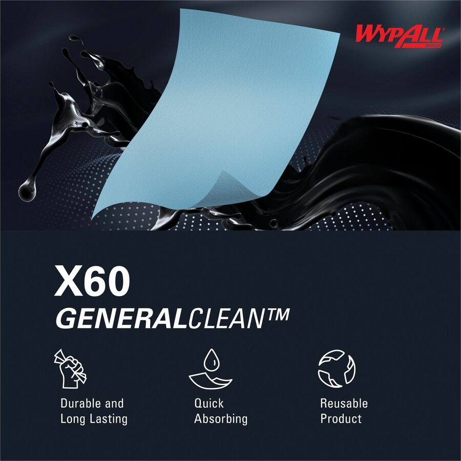 Wypall GeneralClean X60 Multi-Task Cleaning Cloth Jumbo Roll - 12.20" Length x 12.40" Width - Recommended For: Adhesive Remover, Lubricant Remover - Lightweight, Reinforced - Blue - 1 Roll