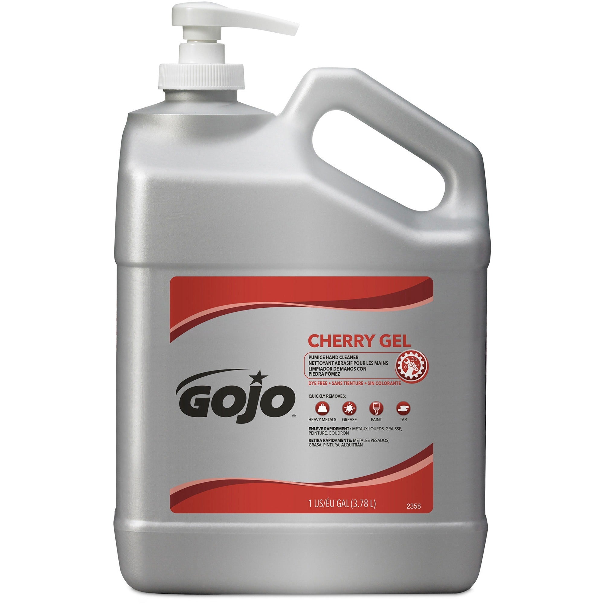 Gojo&reg; Cherry Gel Pumice Hand Cleaner - Cherry Scent - 1 gal - Pump Bottle Dispenser - Dirt Remover, Grease Remover, Oil Remover, Paint Remover, Tar Remover - Red - Heavy Duty, pH Balanced, Pleasant Scent - 1 Each