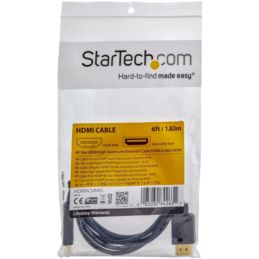 StarTech.com 6 ft Slim High Speed HDMI&reg; Cable with Ethernet - HDMI to HDMI Mini M/M