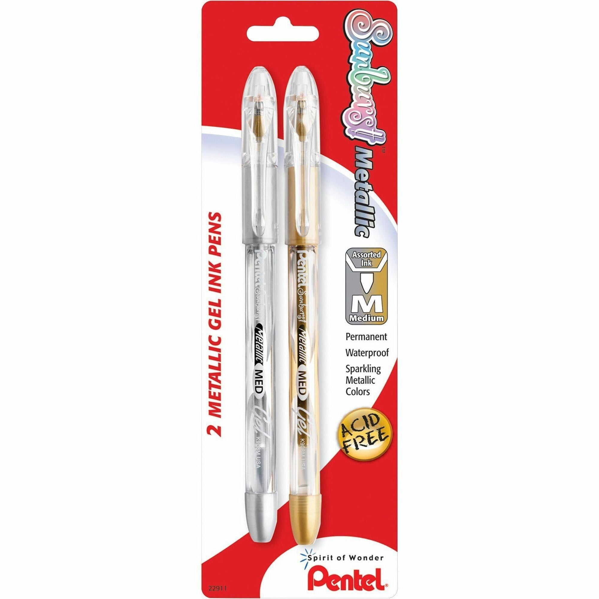 0.8 mm Medium Pen Point - Refillable - Gold, Silver Ink - Gel-based - 2 / Pack