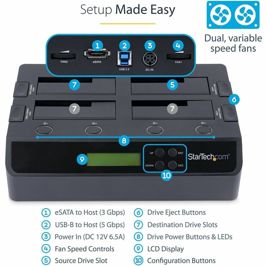 StarTech.com 4 Bay USB 3.0 eSATA to SATA Standalone 1:3 HDD Hard Drive Duplicator Dock